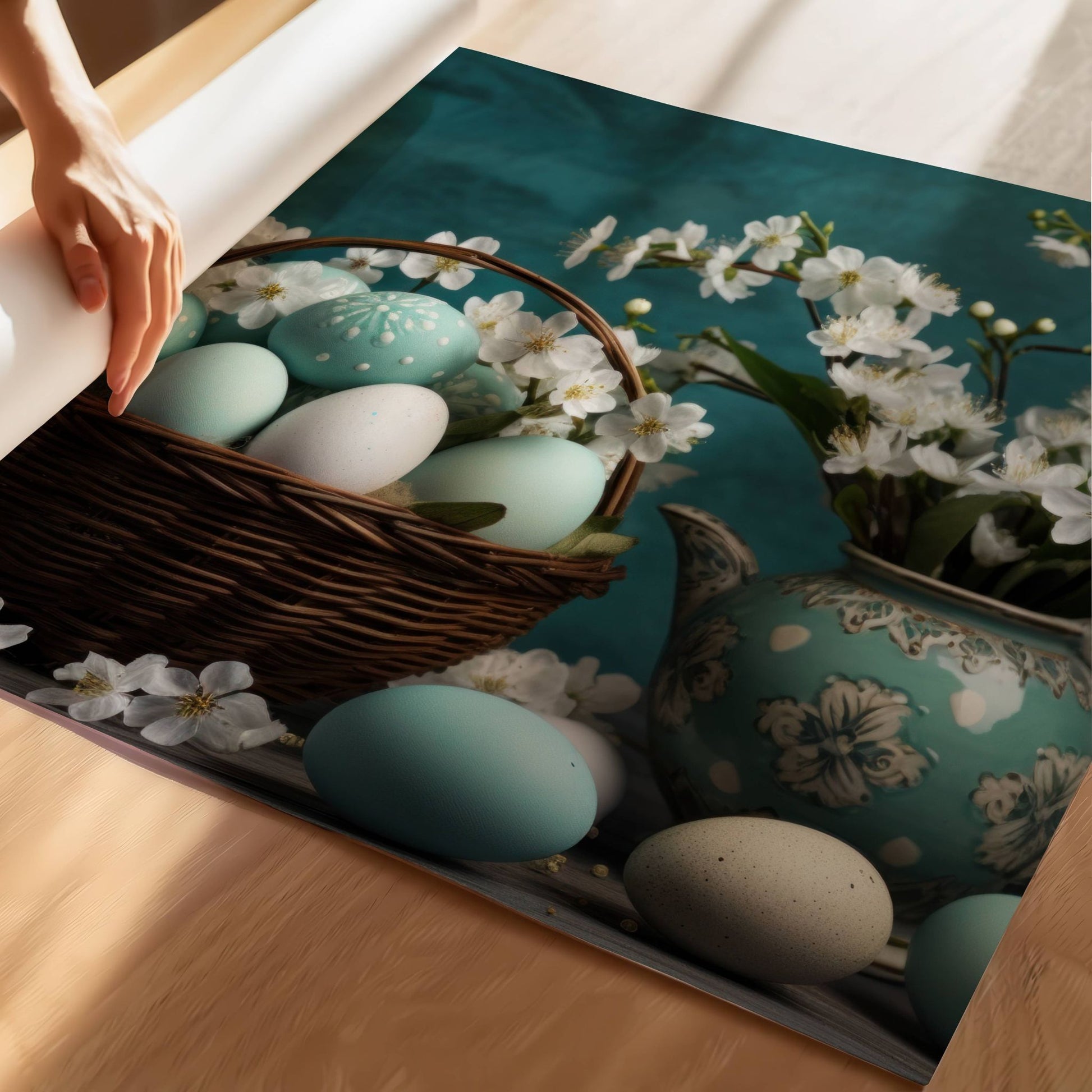 Dette vakre motivet kombinerer en rustikk kurv fylt med pastellfargede egg, delikate vårblomster og en nostalgisk tekanne i vintage-stil. Illustrasjon viser plakat på print.