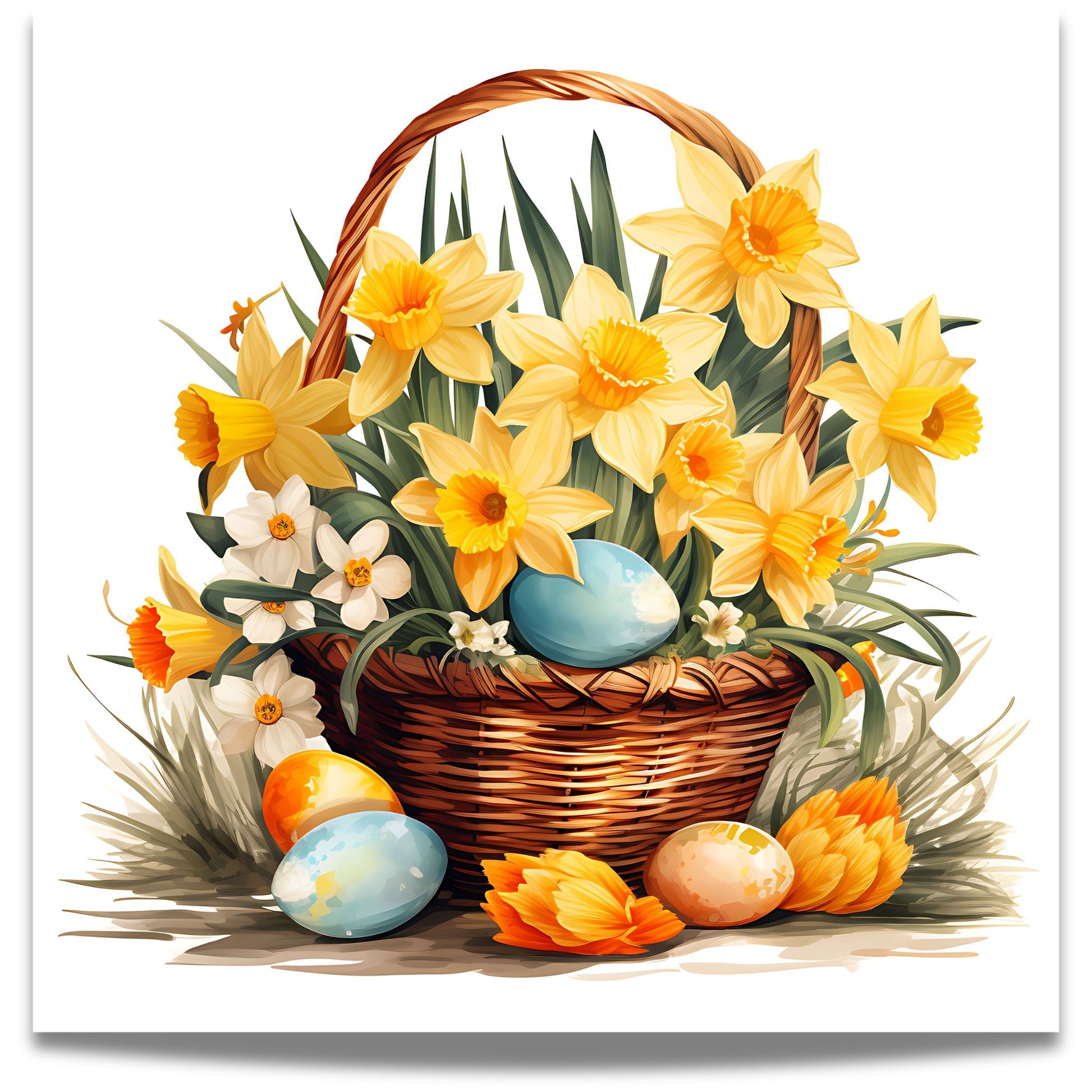 Påskekurv og Egg – Plakat er en varm og nostalgisk påskedekorasjon, med kurv fylt av blomster og pastellfargede egg