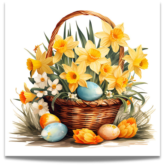 Påskekurv og Egg – Plakat er en varm og nostalgisk påskedekorasjon, med kurv fylt av blomster og pastellfargede egg