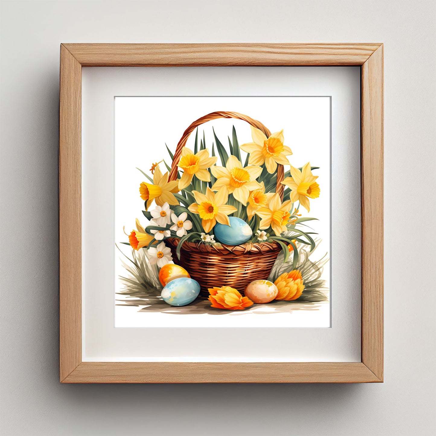 Påskekurv og Egg – Plakat er en varm og nostalgisk påskedekorasjon, med kurv fylt av blomster og pastellfargede egg. Illustrasjon viser plakat med passepartout i eik ramme.