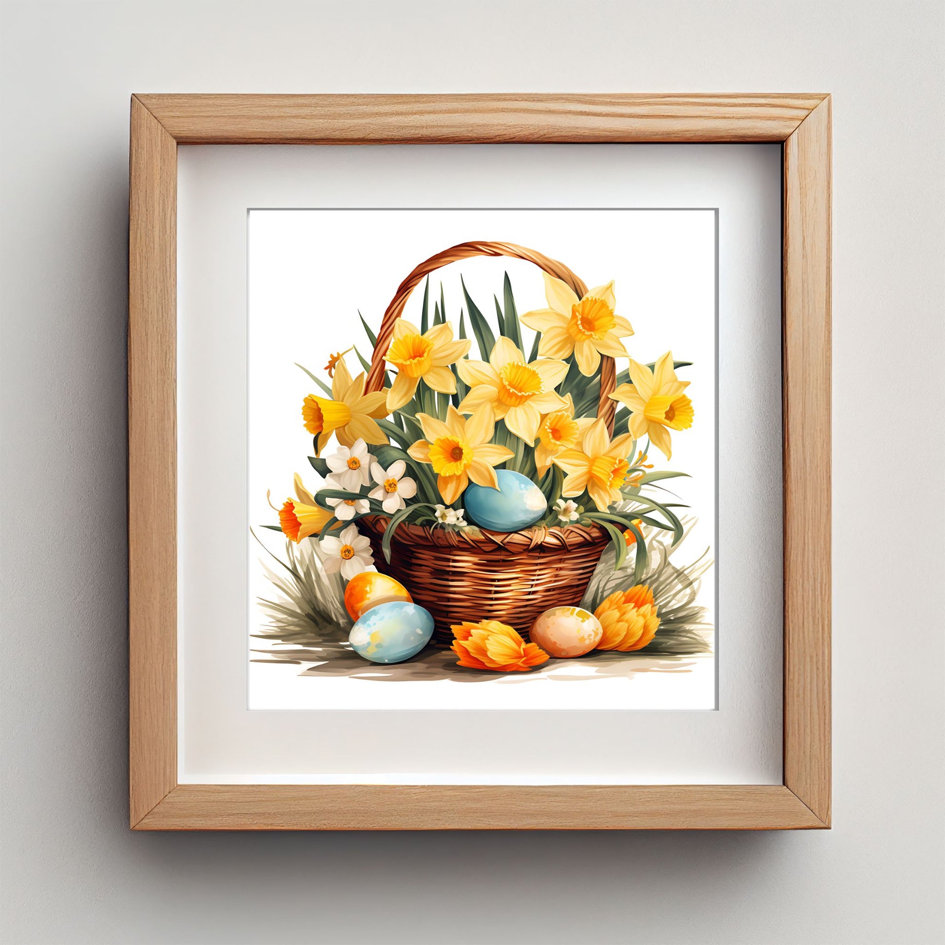 Påskekurv og Egg – Plakat er en varm og nostalgisk påskedekorasjon, med kurv fylt av blomster og pastellfargede egg. Illustrasjon viser plakat med passepartout i eik ramme.