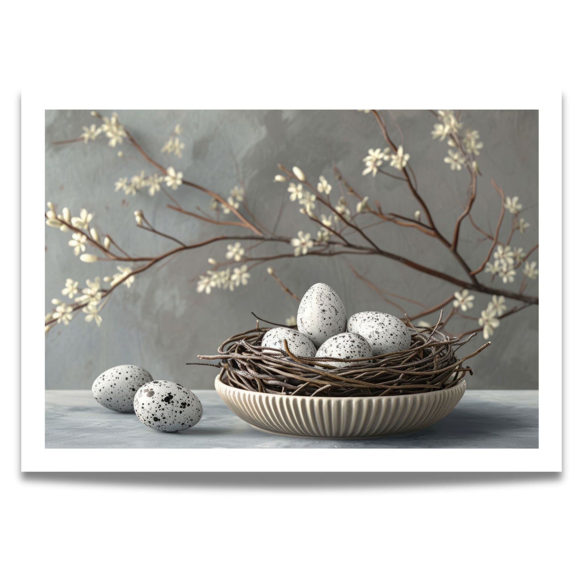 Dette vakre motivet, tilgjengelig som plakat og lerret, fanger essensen av vårens stille skjønnhet. Et delikat fuglerede med flekkete egg hviler i en keramisk bolle, omgitt av blomstrende grener i duse, harmoniske fargetoner. 