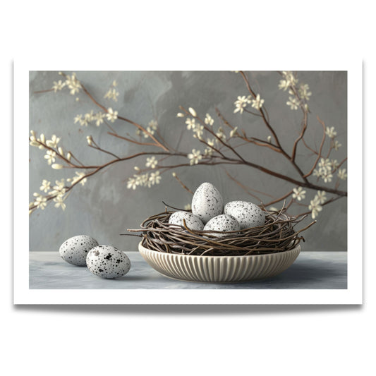 Dette vakre motivet, tilgjengelig som plakat og lerret, fanger essensen av vårens stille skjønnhet. Et delikat fuglerede med flekkete egg hviler i en keramisk bolle, omgitt av blomstrende grener i duse, harmoniske fargetoner. 