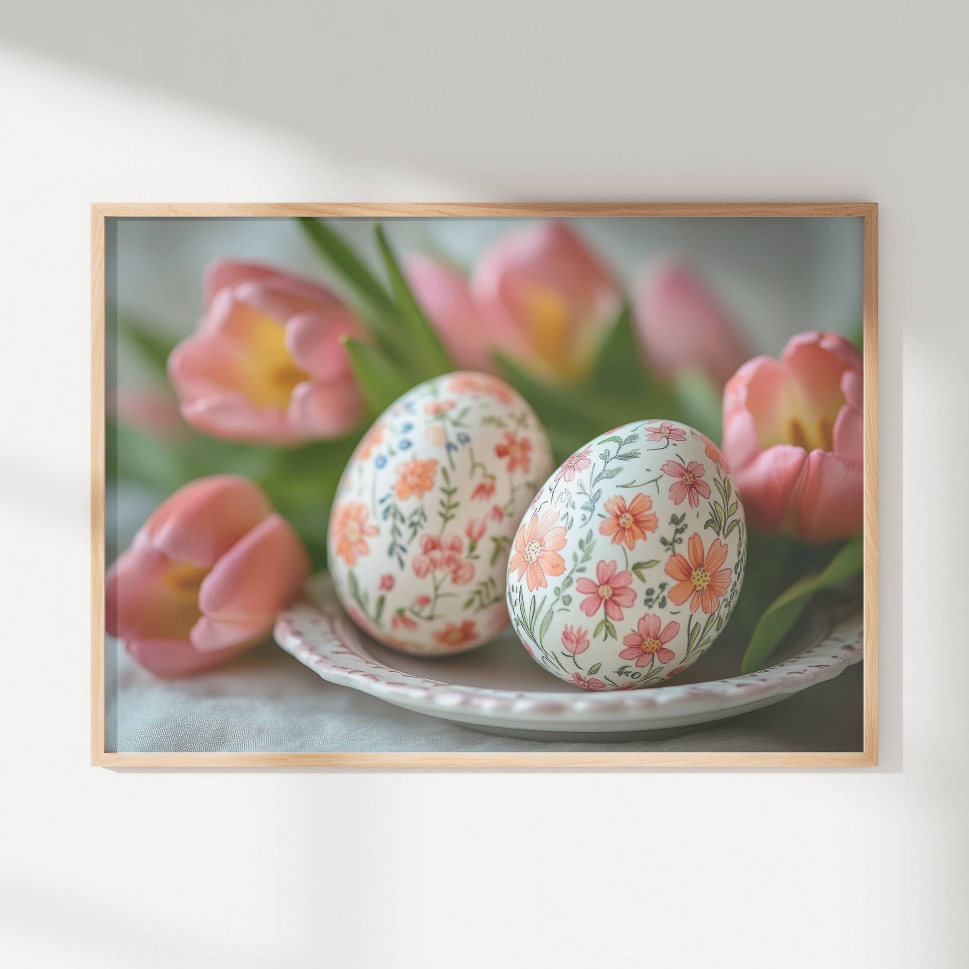 Dette delikate kunstverket viser håndmalte påskeegg med vakre blomsterdetaljer, harmonisk omkranset av myke rosa tulipaner. Illustrasjon viser plakat uten hvit kant i eik ramme.