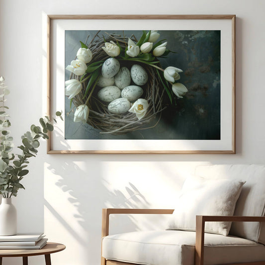 Dette vakre motivet forener naturens enkle eleganse med vårens friske uttrykk. En håndlaget fuglerede fylt med delikat marmorerte egg, omkranset av nydelige hvite tulipaner, gir et harmonisk og tidløst preg til ethvert interiør. Illustrasjon viser plakat med passepartout i eik ramme.