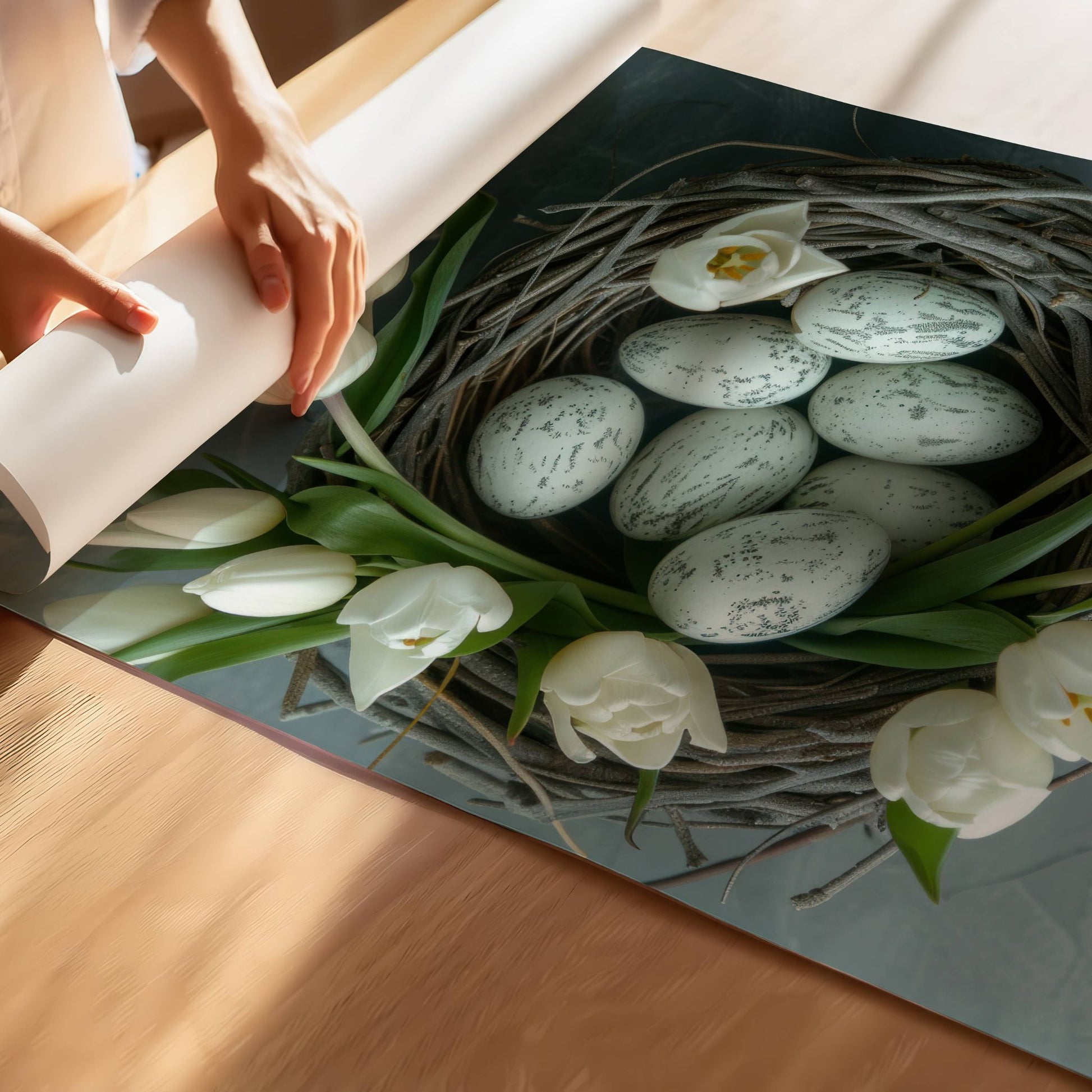 Dette vakre motivet forener naturens enkle eleganse med vårens friske uttrykk. En håndlaget fuglerede fylt med delikat marmorerte egg, omkranset av nydelige hvite tulipaner, gir et harmonisk og tidløst preg til ethvert interiør. Illustrasjon viser plakat på print.