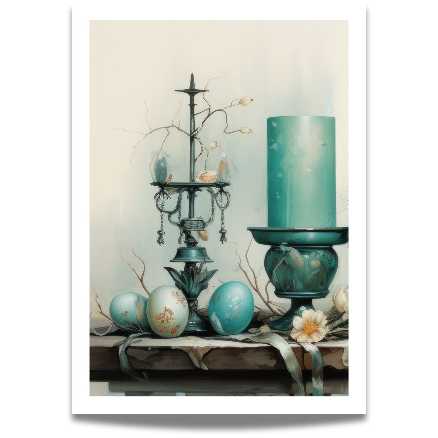 Dette elegante motivet fremhever påskens klassiske elementer – dekorerte egg, antikke lysestaker og rustikke blomster i duse blåtoner. 