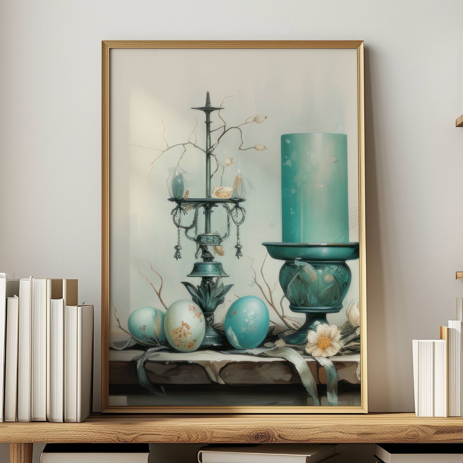 Dette elegante motivet fremhever påskens klassiske elementer – dekorerte egg, antikke lysestaker og rustikke blomster i duse blåtoner. Illustrasjon viser motivet som plakat uten hvit kant.