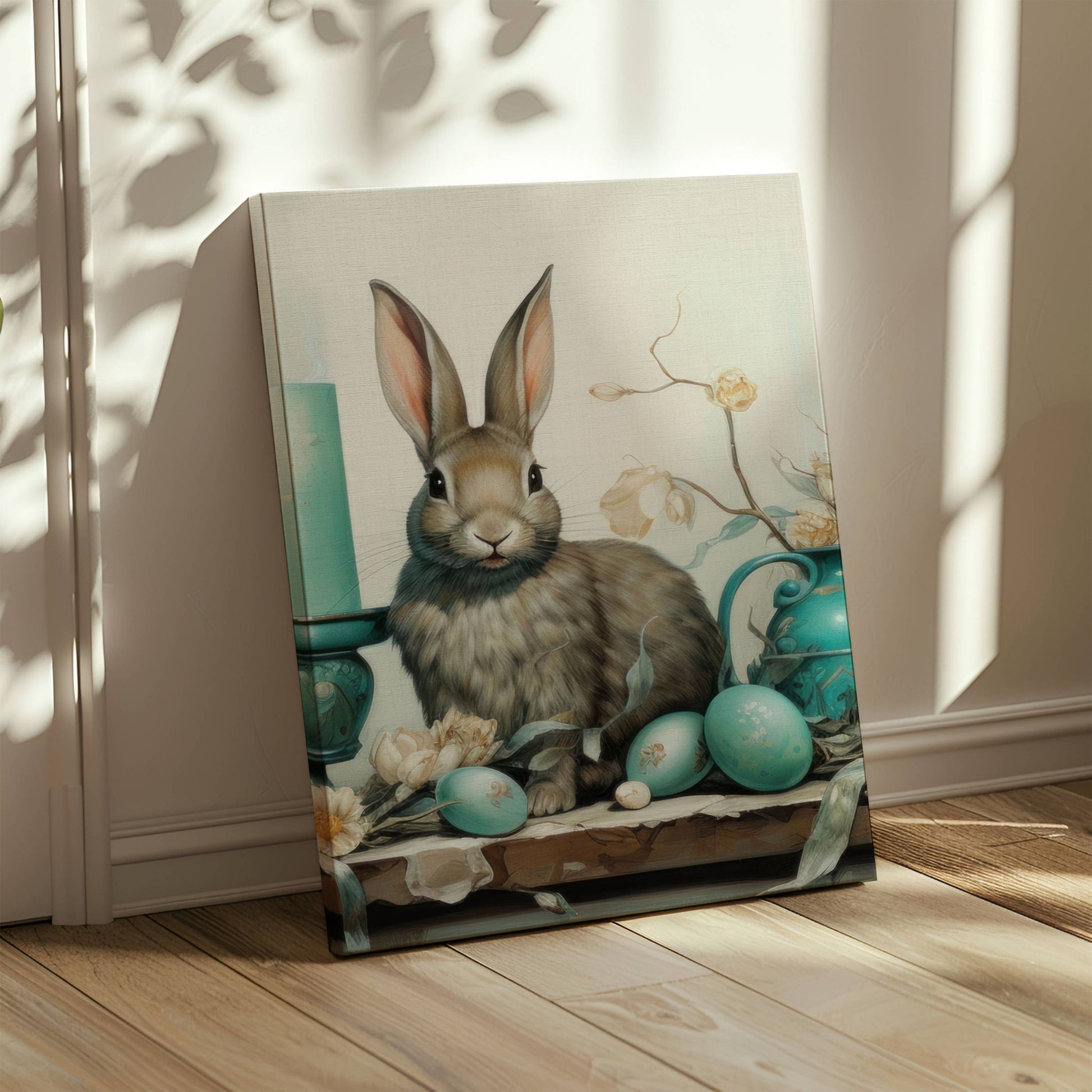 Dette eksklusive kunstverket fanger en grasiøs hare omgitt av dekorerte egg, elegante stearinlys og antikke vaser i harmoniske blåtoner. Illustreasjin viser motivet på lerret.