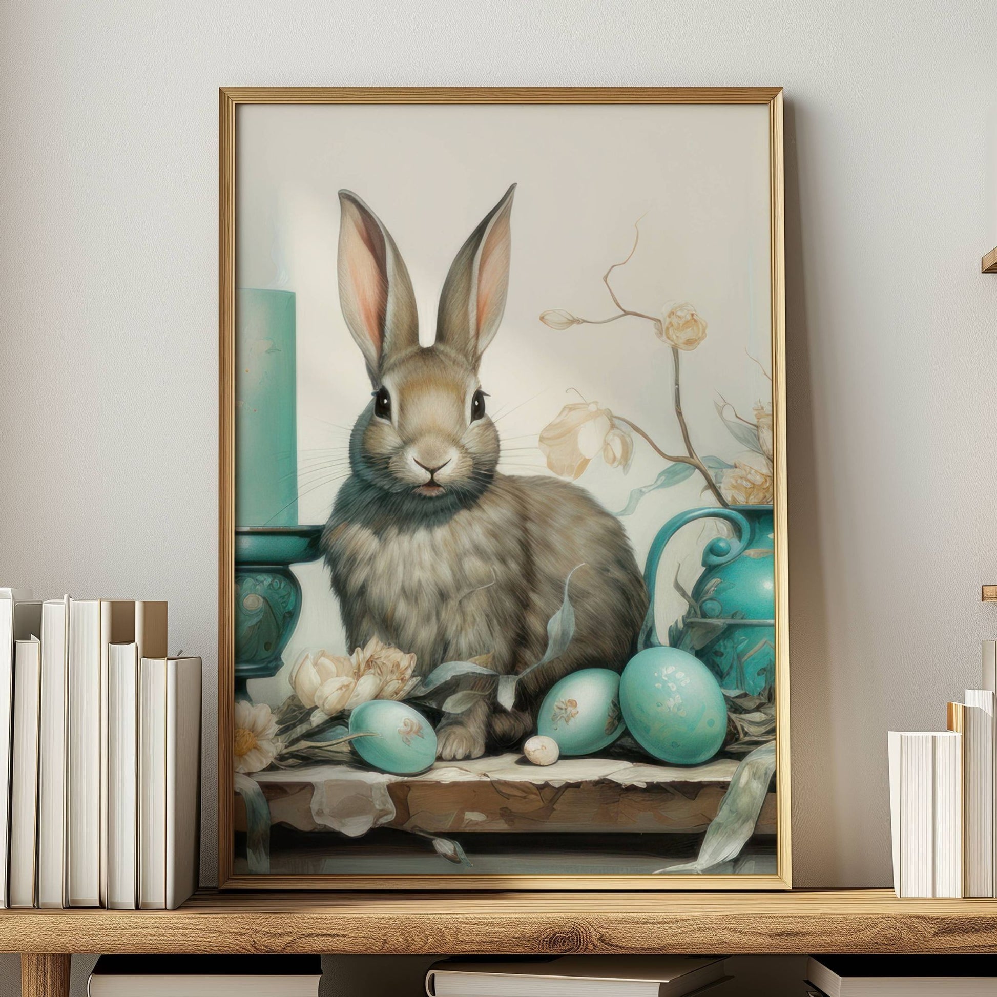 Dette eksklusive kunstverket fanger en grasiøs hare omgitt av dekorerte egg, elegante stearinlys og antikke vaser i harmoniske blåtoner. Illustreasjin viser motivet som plakat uten hvit kant i ramme.