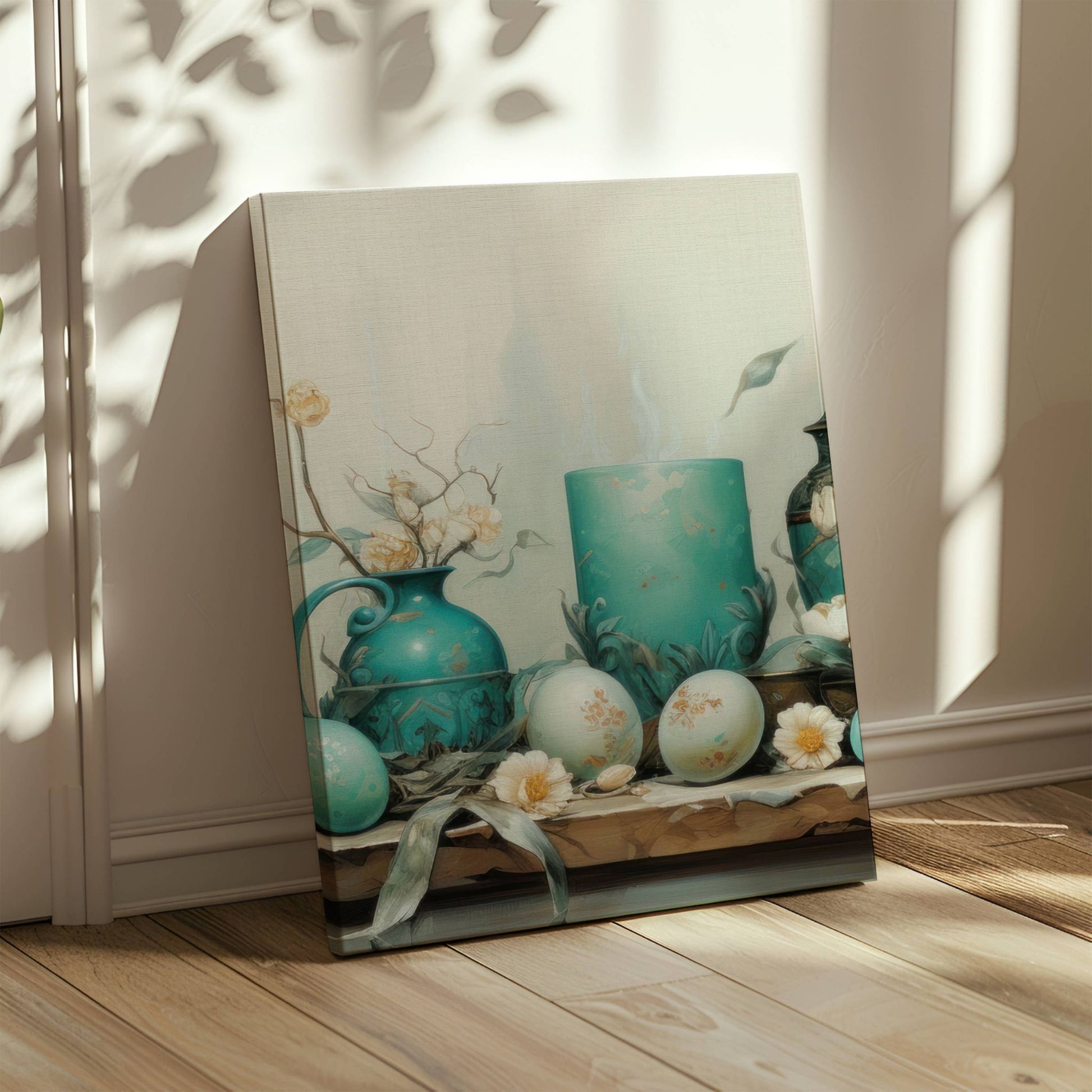 Dette eksklusive kunstverket fremhever påskens eleganse med en vakker sammensetning av dekorerte egg, en antikk blå keramikkvase, tørkede blomster og et stemningsfullt lys. Illustrasjon viser motivet på lerret.