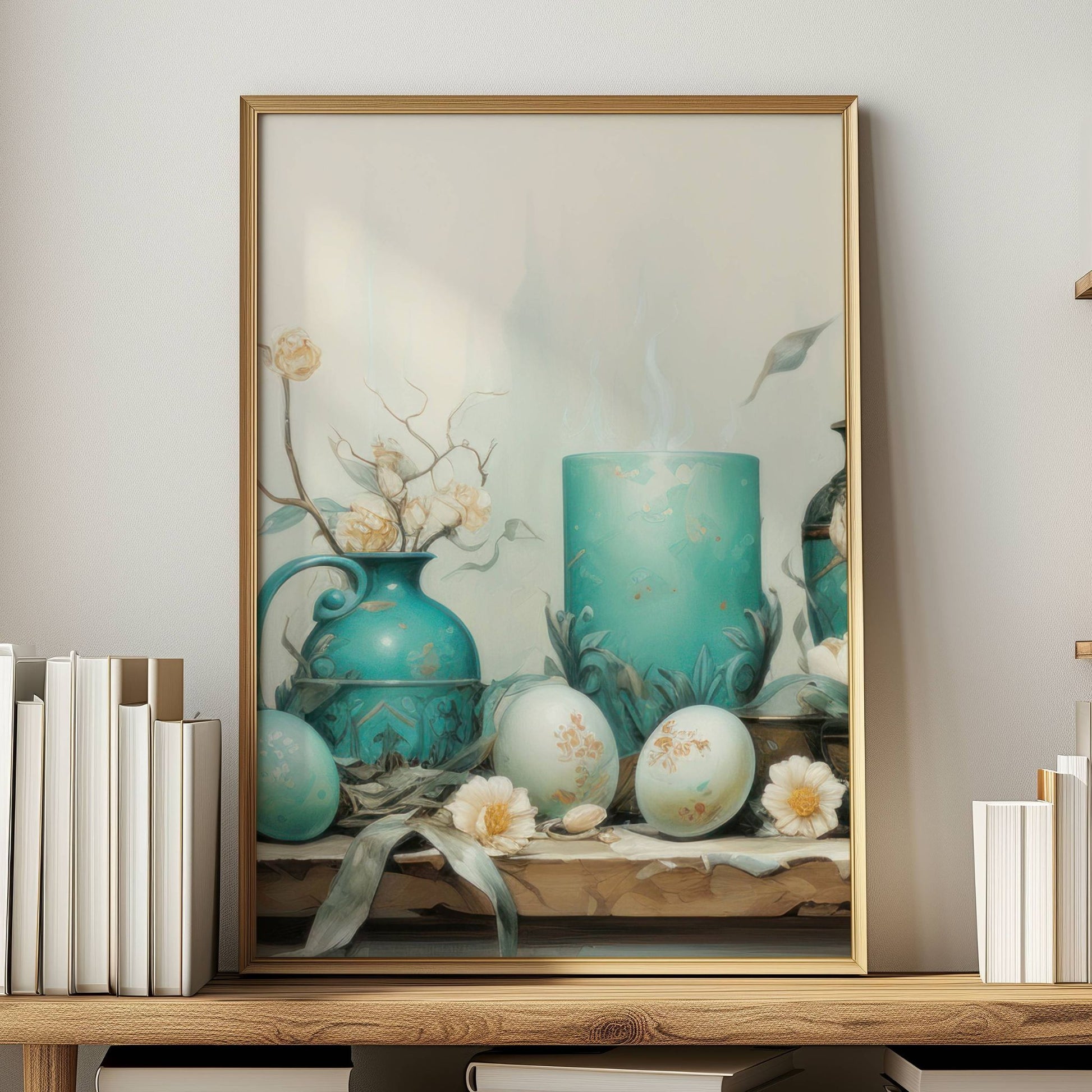 Dette eksklusive kunstverket fremhever påskens eleganse med en vakker sammensetning av dekorerte egg, en antikk blå keramikkvase, tørkede blomster og et stemningsfullt lys. Illustrasjon viser motivet som plakat uten hvit kant i ramme.
