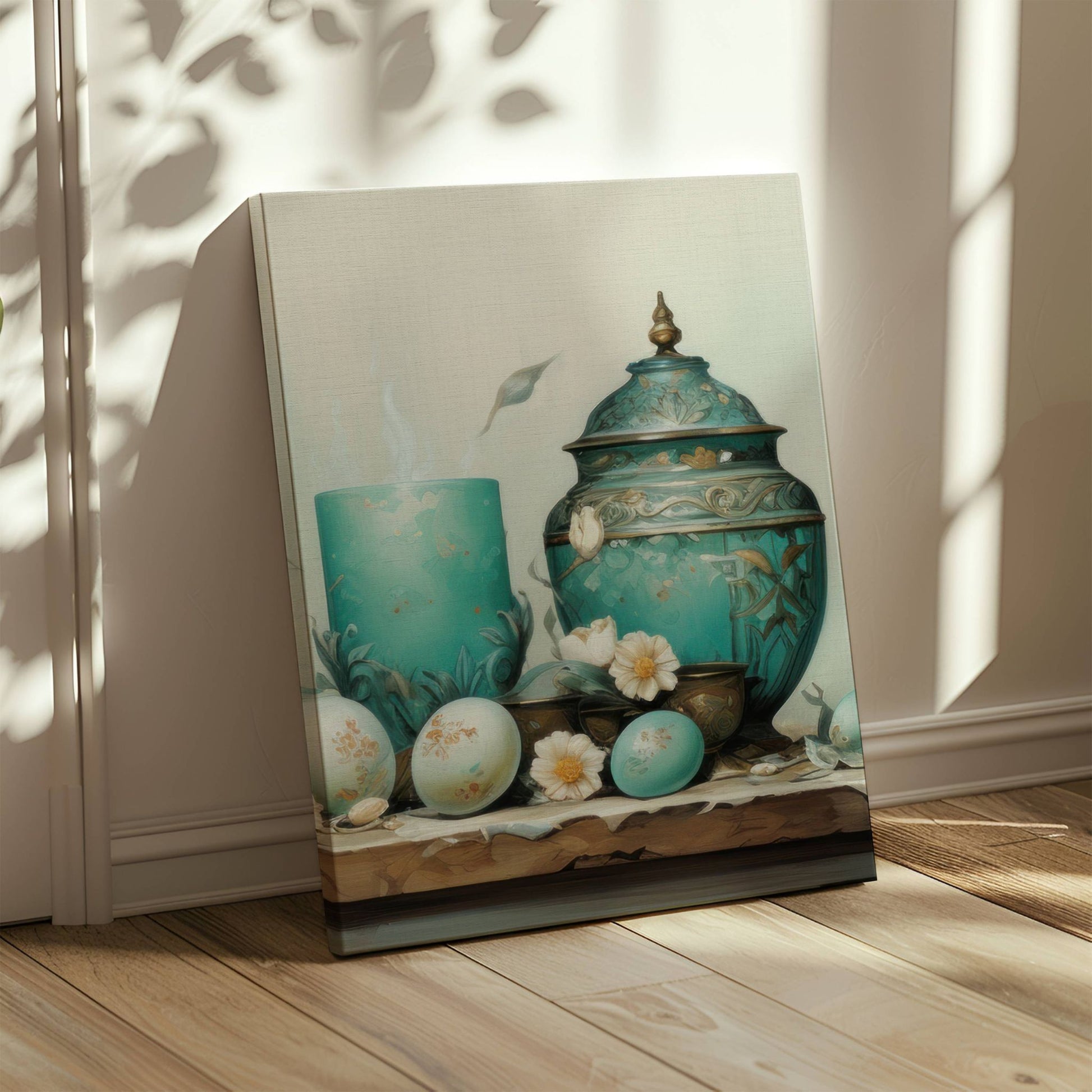 Dette kunstneriske motivet kombinerer klassiske påskeelementer med en eksklusiv, moderne estetikk. Illustrasjon viser motivet på lerret.