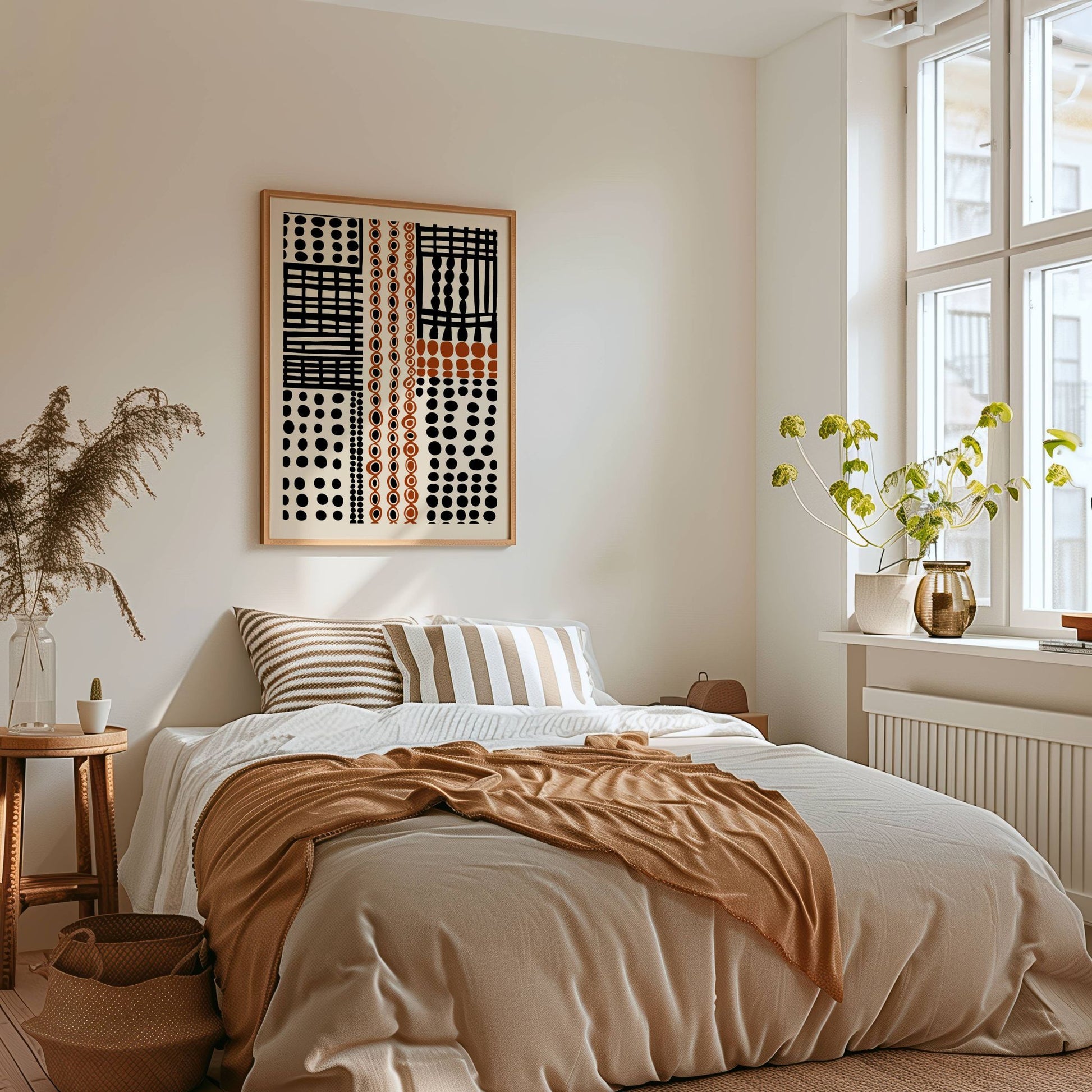 Pattern Rhythm er en strukturert og rytmisk plakat med striper, prikker og linjer i et gjennomført og moderne design. Illustrasjon viser plakat med smal  kant i ramme.