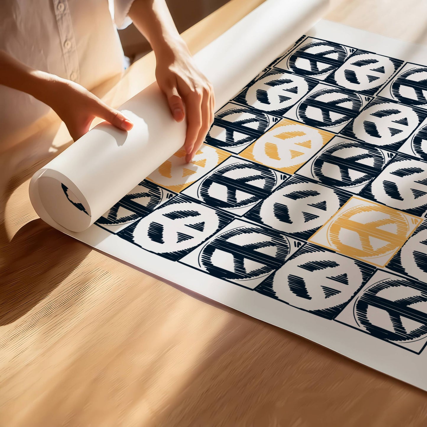 Peace Card 20 – grafisk plakat er et moderne kunsttrykk med gjentatte peace-symboler i et stramt, kubistisk mønster. Illustrasjon viser plakat på print.