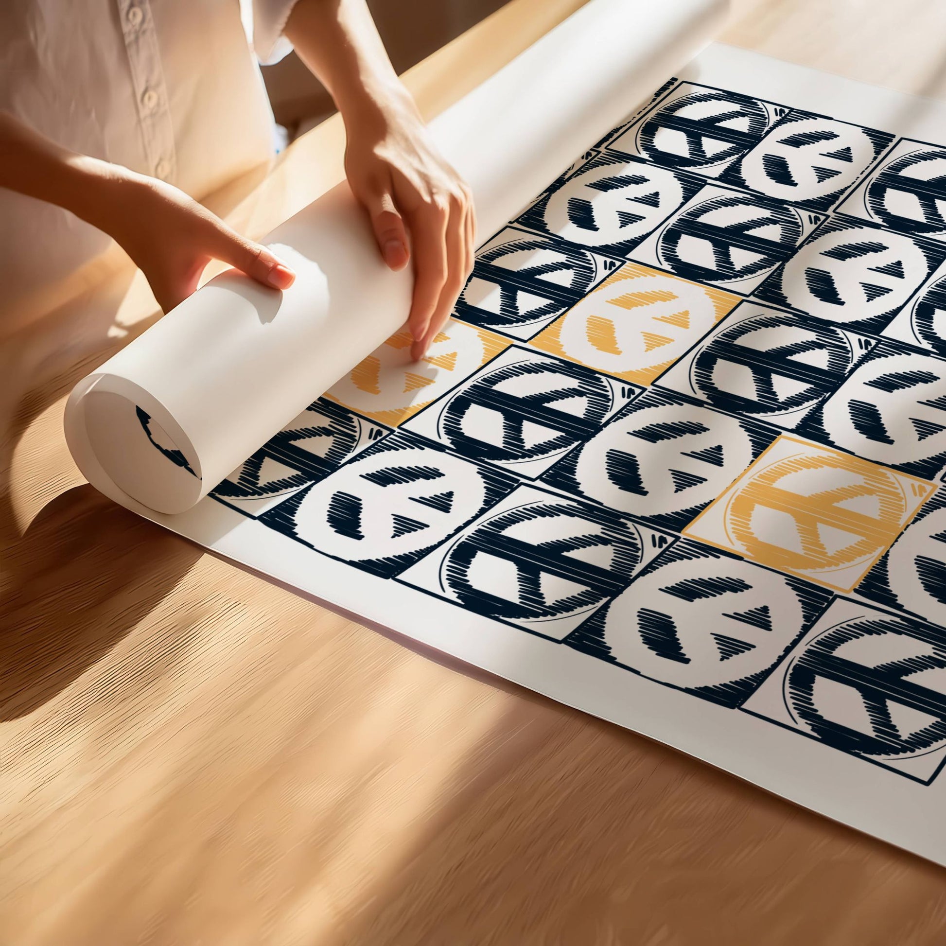 Peace Card 20 – grafisk plakat er et moderne kunsttrykk med gjentatte peace-symboler i et stramt, kubistisk mønster. Illustrasjon viser plakat på print.