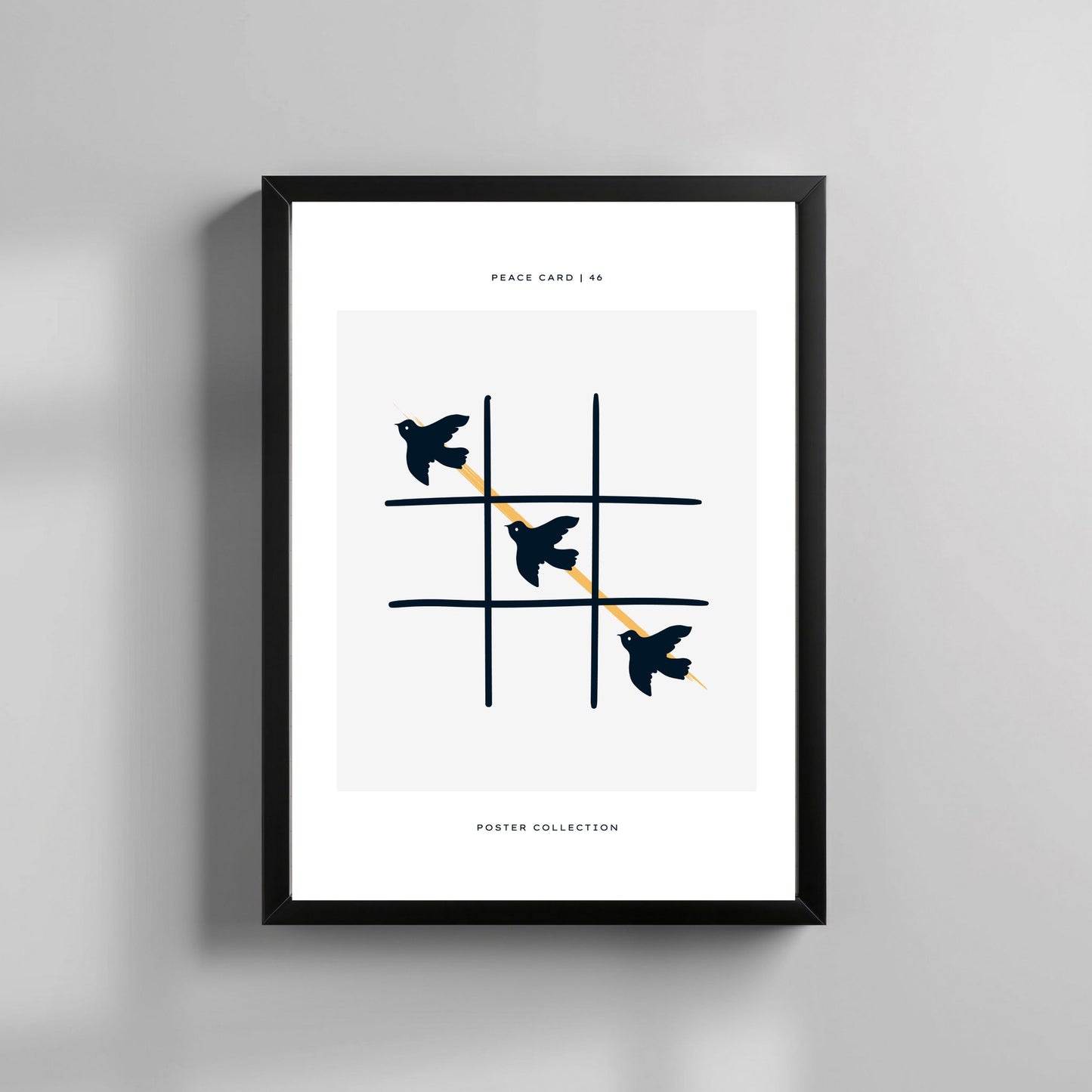 Peace Card 46 – grafisk plakat kombinerer lek og symbolikk i et unikt motiv. Illustrasjon viser plakat i sort ramme.