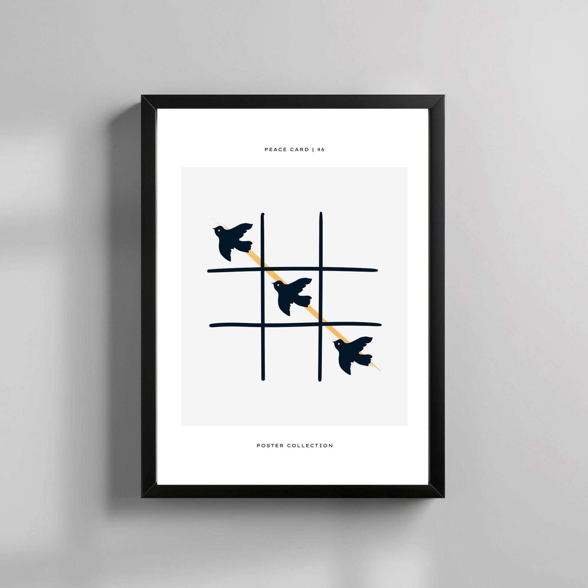 Peace Card 46 – grafisk plakat kombinerer lek og symbolikk i et unikt motiv. Illustrasjon viser plakat i sort ramme.