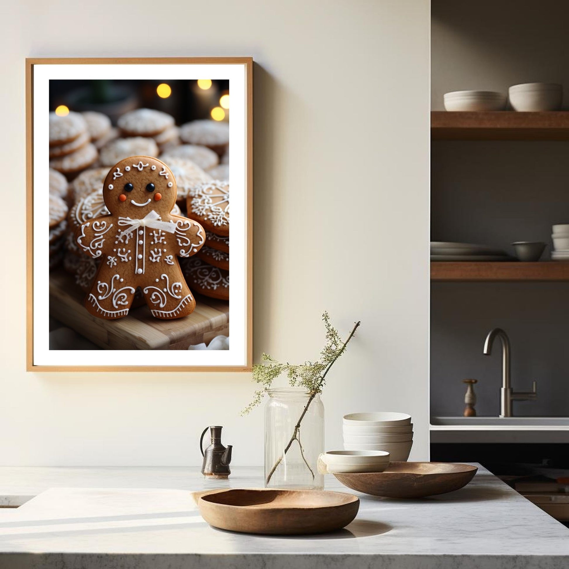 Plakat med førjulsmotiv av en pepperkakemann med dekorativt melisglasur.  Illustrasjonen viser plakaten i eikeramme som henger på en vegg over en kjøkkenbenk.