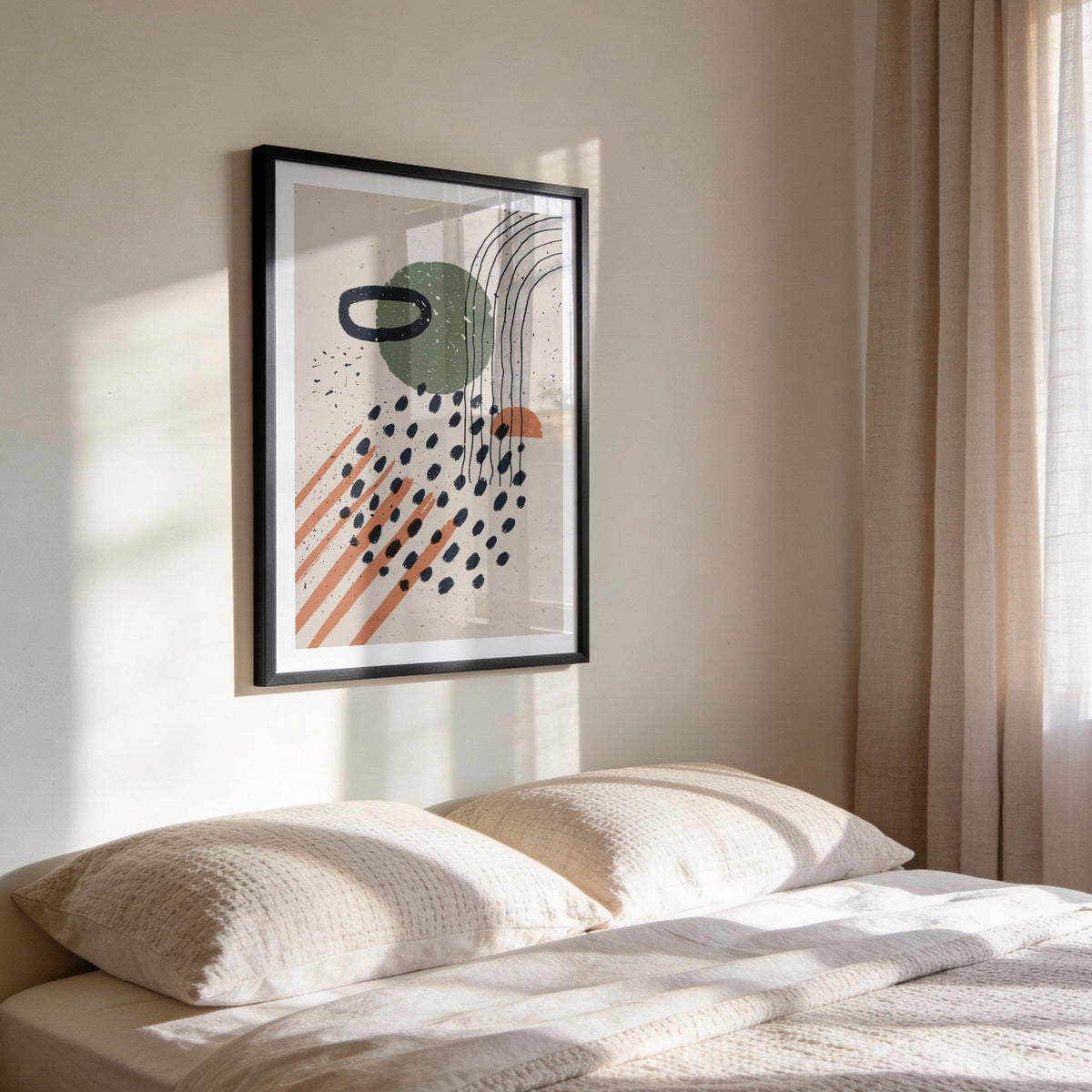 Playful Motion abstrakt plakat i sort ramme over seng i lyst soverom