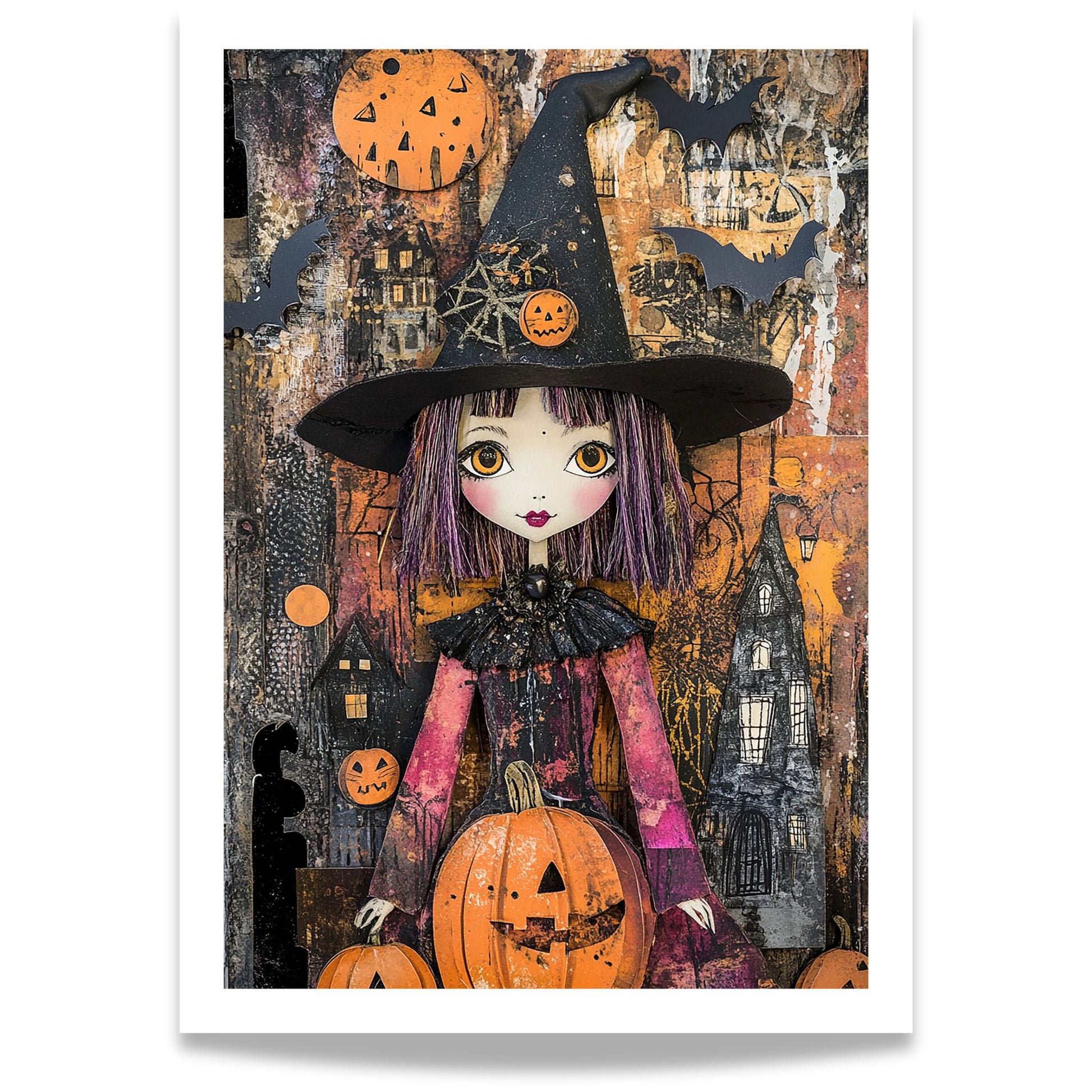 En stilig heks med lilla hår, gresskar og flaggermus – et uttrykksfullt motiv som kombinerer vintage-stemning og moderne illustrasjon. Tilgjengelig både som plakat og lerret.