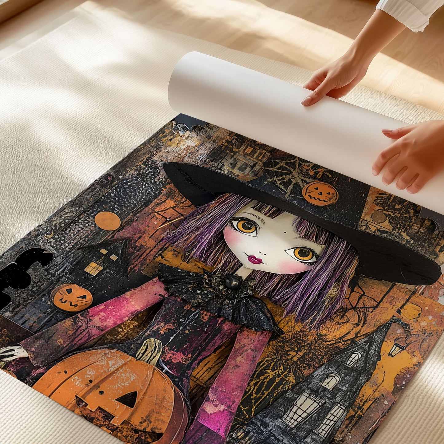 En stilig heks med lilla hår, gresskar og flaggermus – et uttrykksfullt motiv som kombinerer vintage-stemning og moderne illustrasjon. Illustrasjonen viser plakat på print.