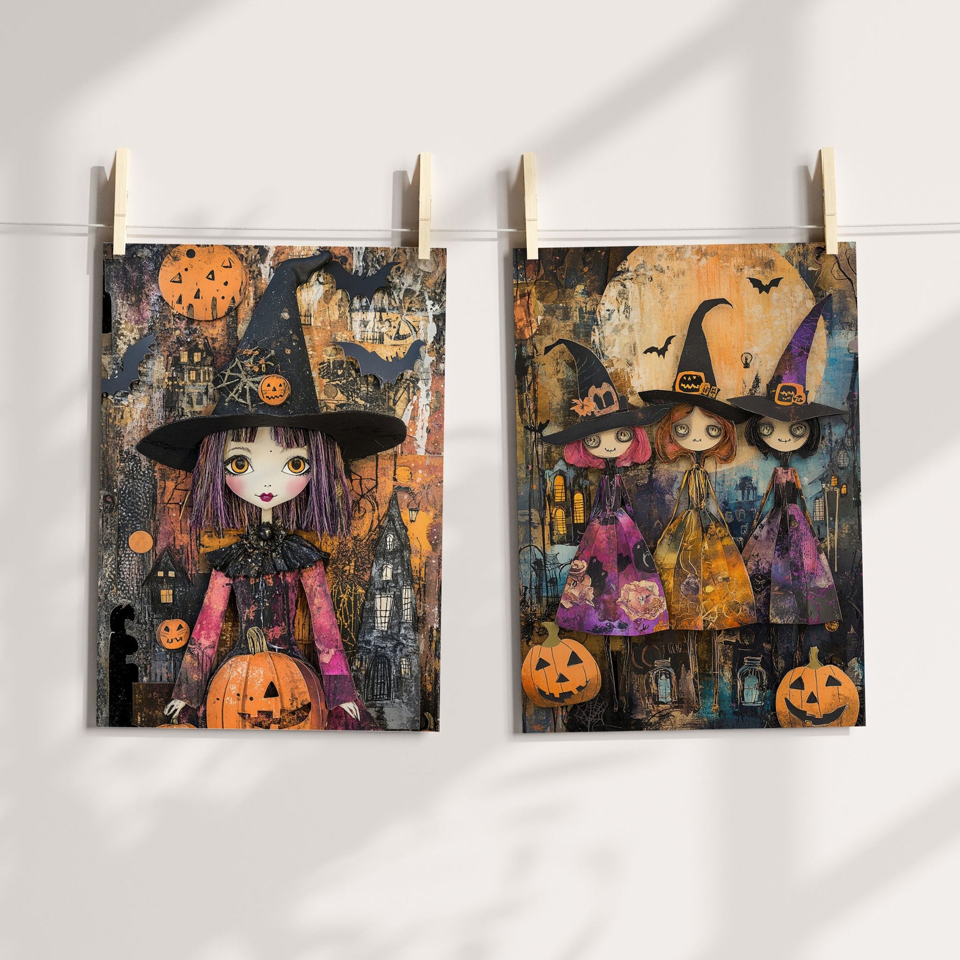 Illustrasjon viser Pumpkin Wich og Tree Little Witches i A4 hengt opp som dekorasjon med klyper på snor.
