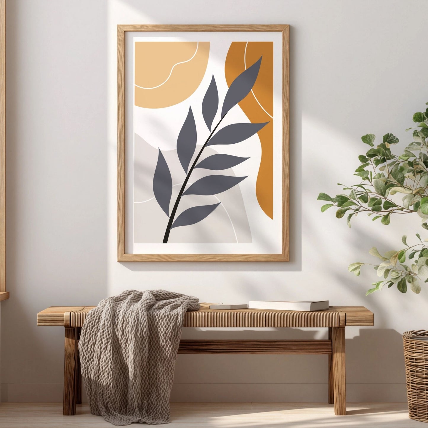 Quiet Branch botanisk boho-plakat i eikeramme over trebenk i lyst nordisk interiør
