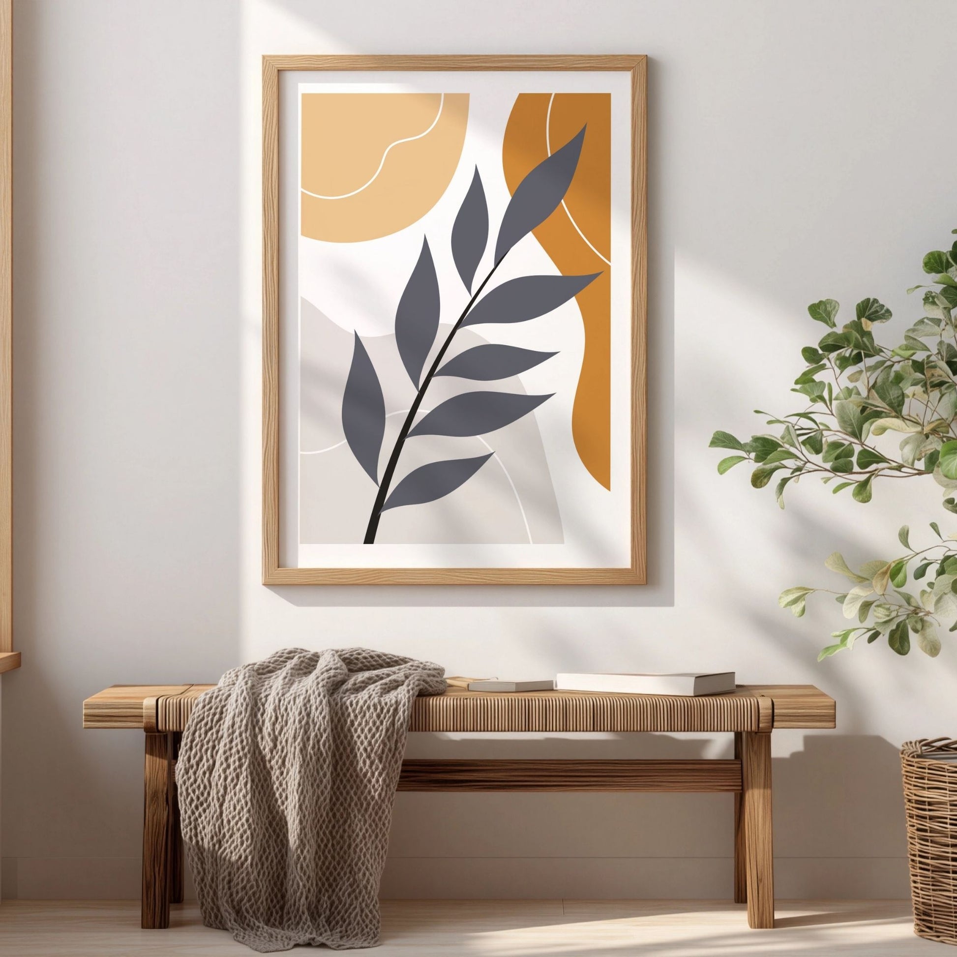 Quiet Branch botanisk boho-plakat i eikeramme over trebenk i lyst nordisk interiør