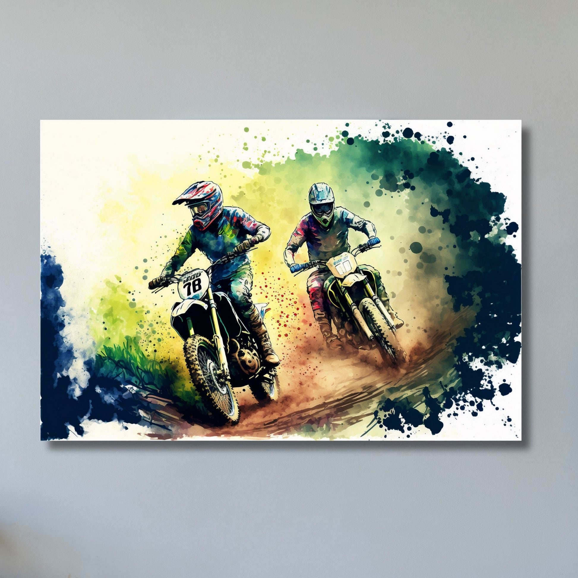 Grafisk abstrakt illustrasjon av to racersyklister som konkurrerer på sine motorsykler. Et spennende og dynamisk bilde som passer perfekt for alle motorsportentusiaster. Illustrasjonsbilde viser motivet på lerret