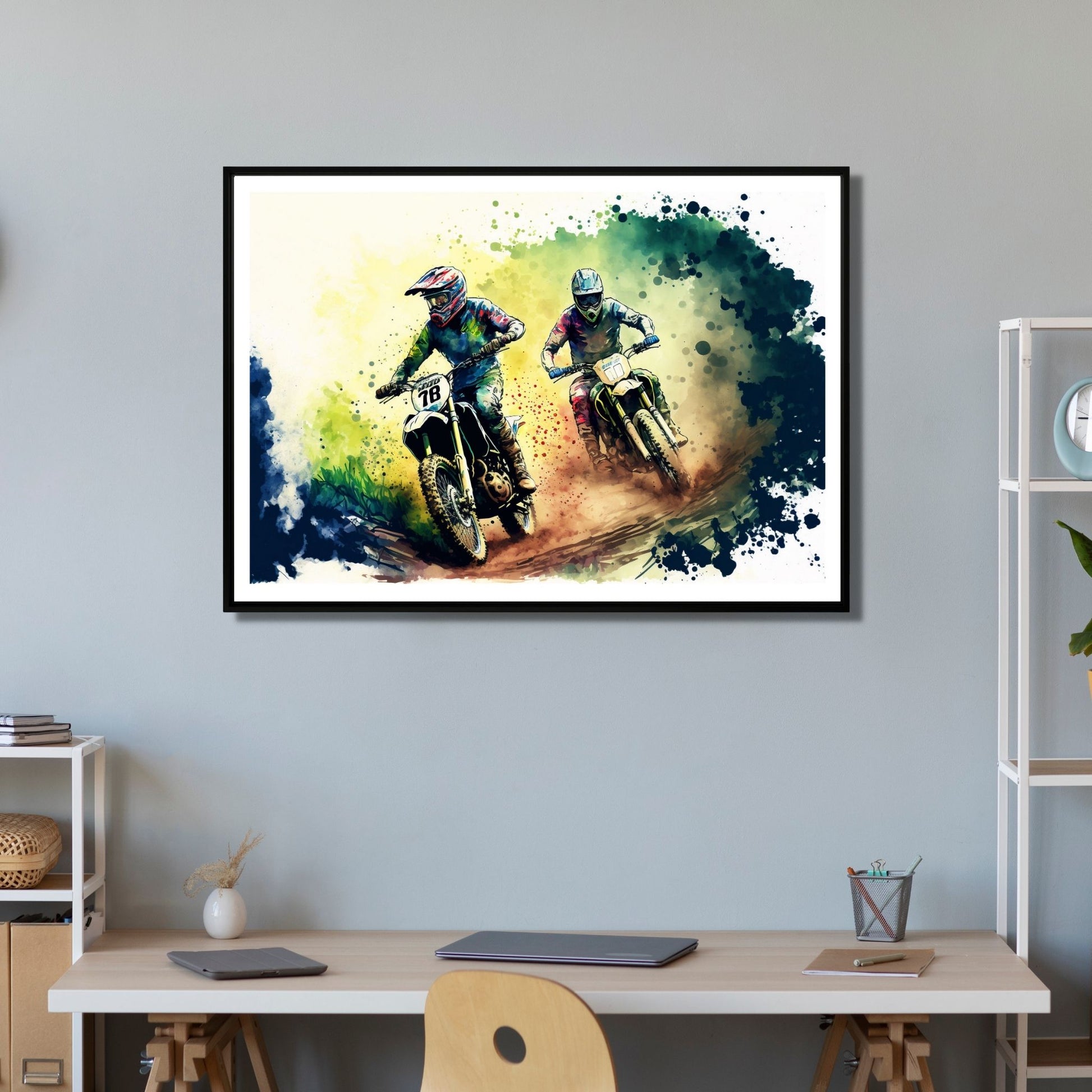 Grafisk abstrakt illustrasjon av to racersyklister som konkurrerer på sine motorsykler. Et spennende og dynamisk bilde som passer perfekt for alle motorsportentusiaster. Illustrasjonsbilde viser motivet som plakat.