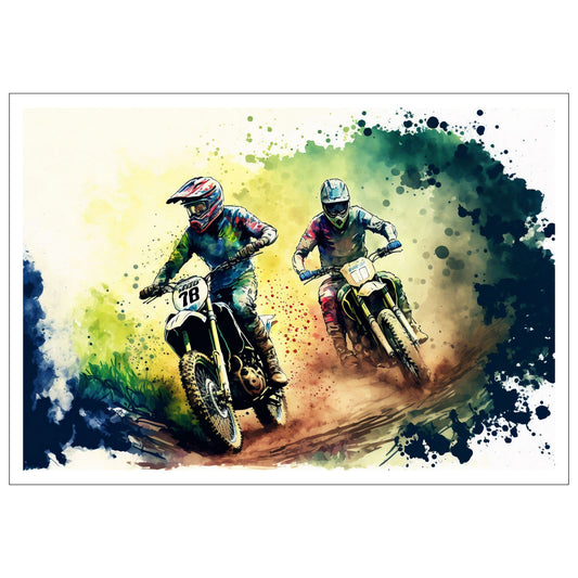 Grafisk abstrakt illustrasjon av to racersyklister som konkurrerer på sine motorsykler. Et spennende og dynamisk bilde som passer perfekt for alle motorsportentusiaster.
