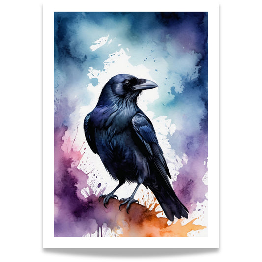 “Raven’s Gaze” portretterer ravnen – et symbol på visdom og mystikk – i mørke fiolette og blå fargetoner.