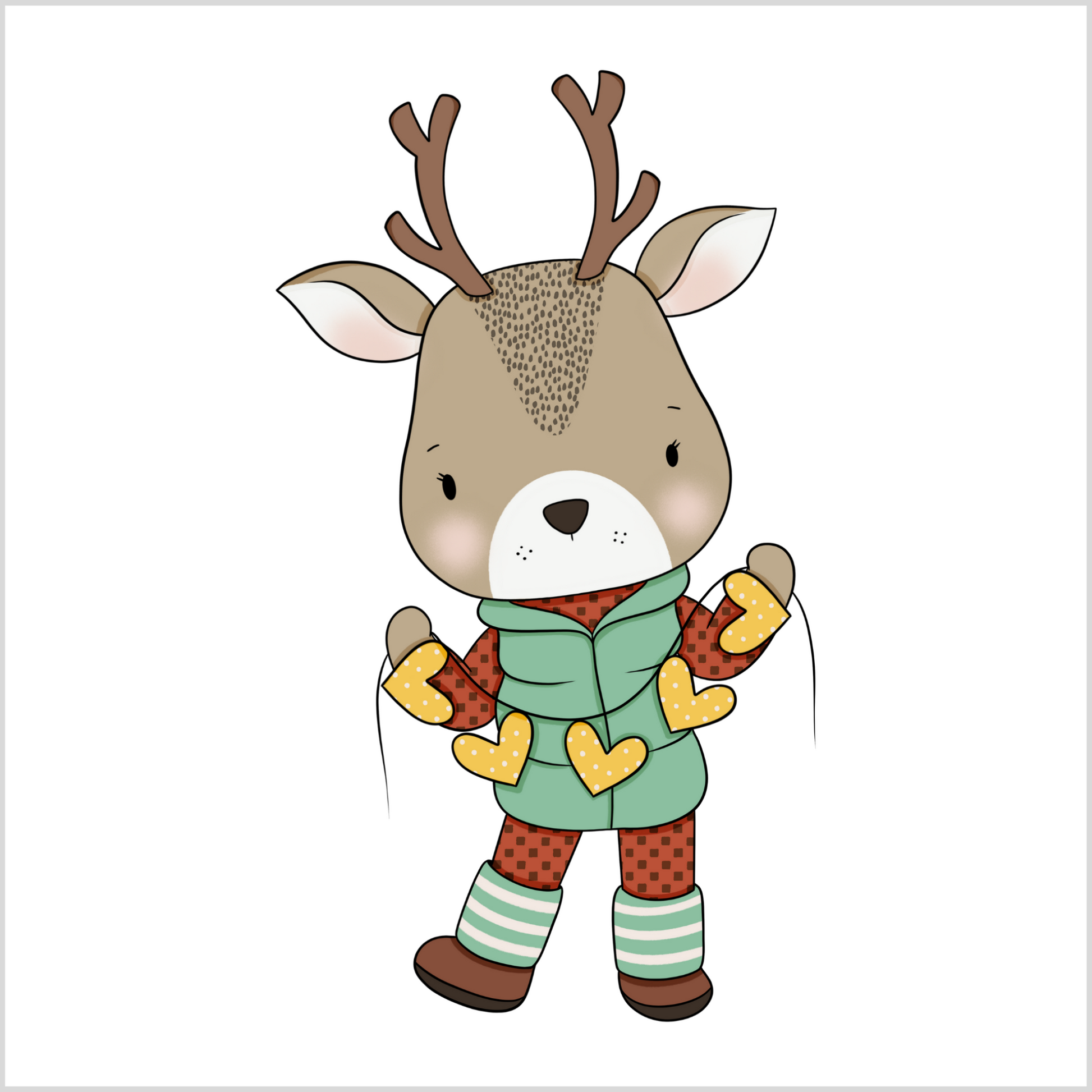 Grafisk motiv som illustrerer en reinsdyr-gutt som holder en trådlenke med gule hjerter. Han har på seg rød bukse og genser, og en grønn boblevest. På hodet har han to horn.