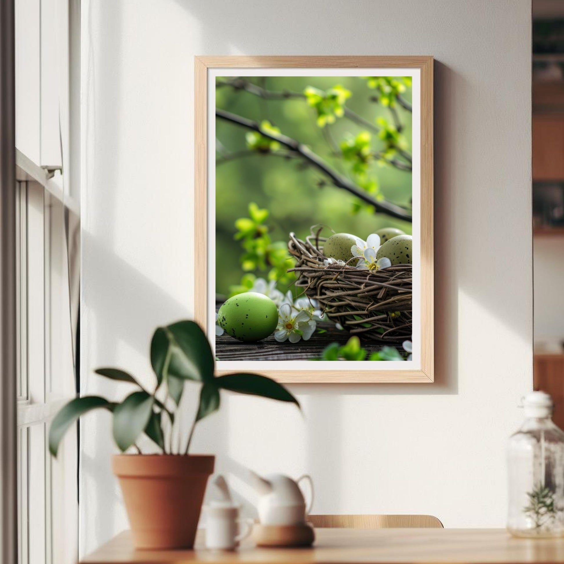 Grafisk illustrasjon som fanger øyeblikket av påskeglede med sine spirer av kvister og et koselig reir fylt med de vakreste egg. Illustrasjonen viser plakat i en ramme på en vegg.