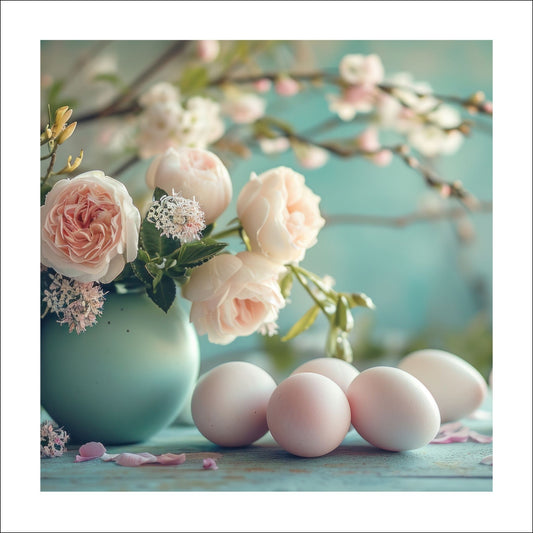 Grafisk illustrasjon av rosa og hvite roser i en turkis vase, flankert av hvite påskeegg.