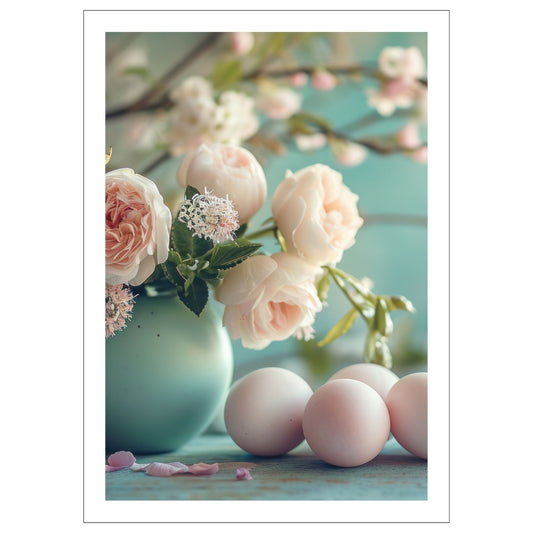 Grafisk illustrasjon av rosa og hvite roser i en turkis vase, flankert av hvite påskeegg. 
