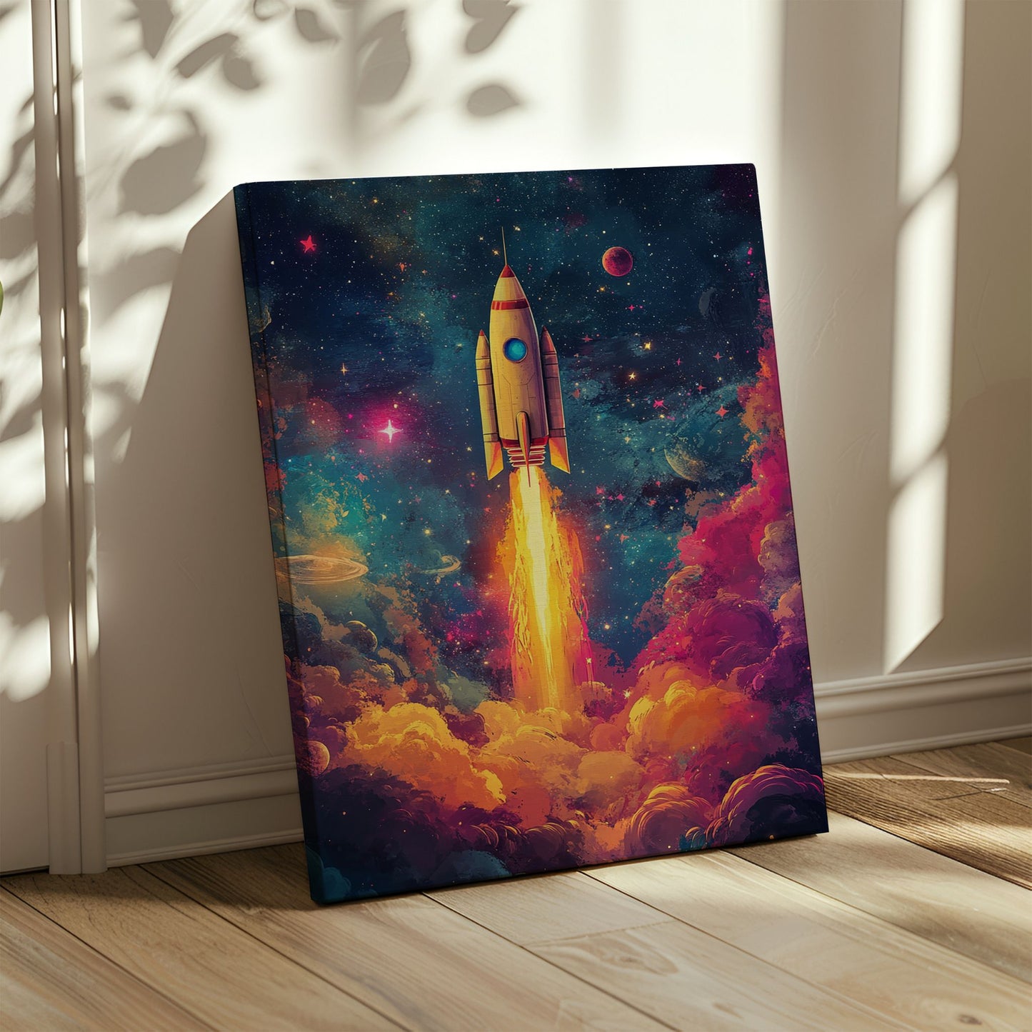 Dette kunstverket er en eksplosjon av farger og detaljer, som skildrer en rakett på vei mot galaksens uendelige mysterier. Illustrasjon viser motiv på lerret.