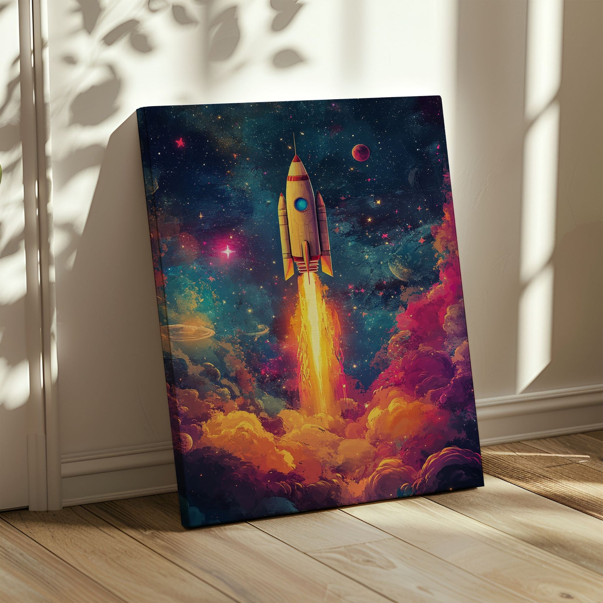 Dette kunstverket er en eksplosjon av farger og detaljer, som skildrer en rakett på vei mot galaksens uendelige mysterier. Illustrasjon viser motiv på lerret.