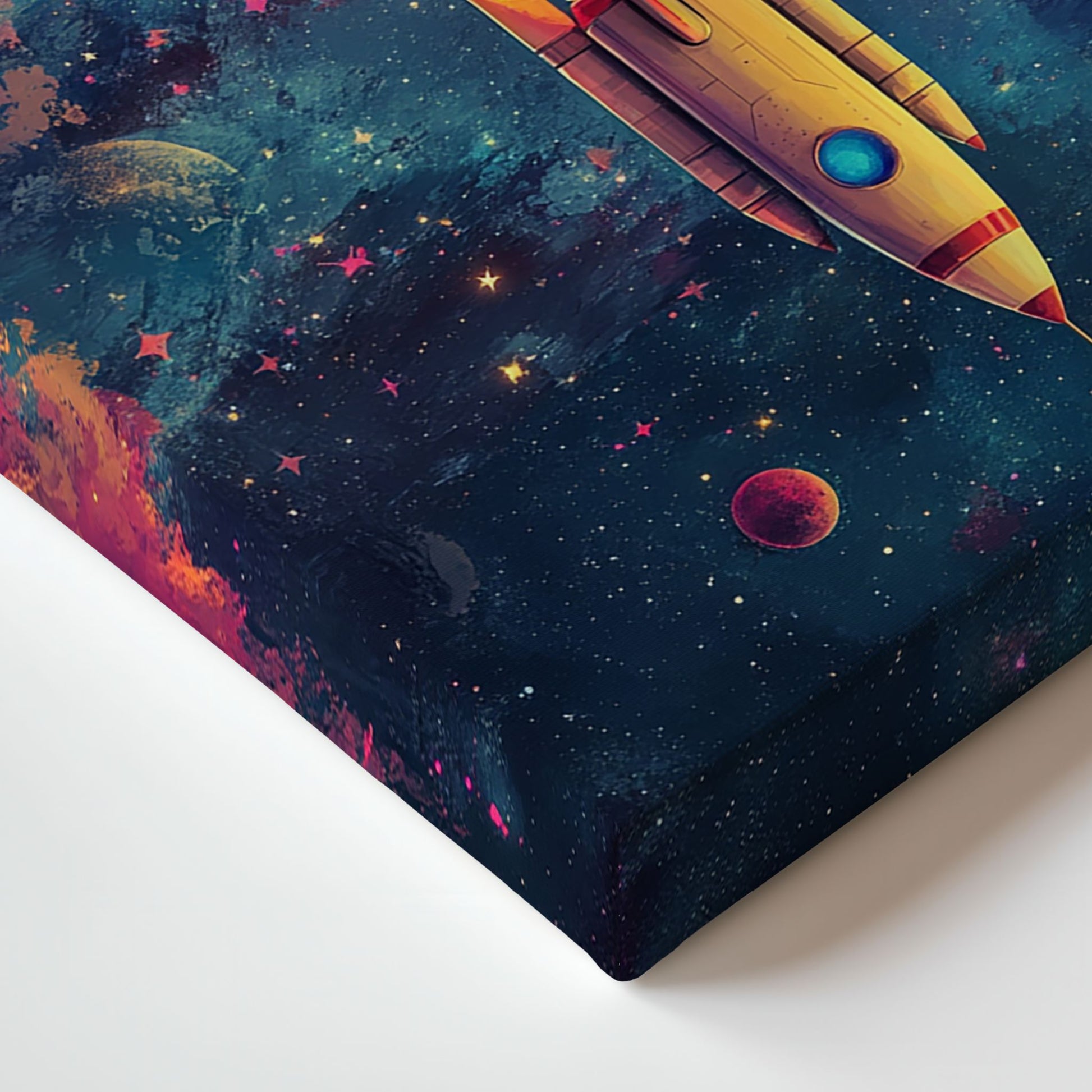 Dette kunstverket er en eksplosjon av farger og detaljer, som skildrer en rakett på vei mot galaksens uendelige mysterier. Illustrasjon detalj av motiv på lerret.