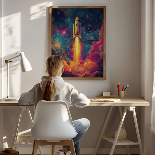 Dette kunstverket er en eksplosjon av farger og detaljer, som skildrer en rakett på vei mot galaksens uendelige mysterier. Illustrasjon viser motiv som plakat uten hvit kant i eik ramme.