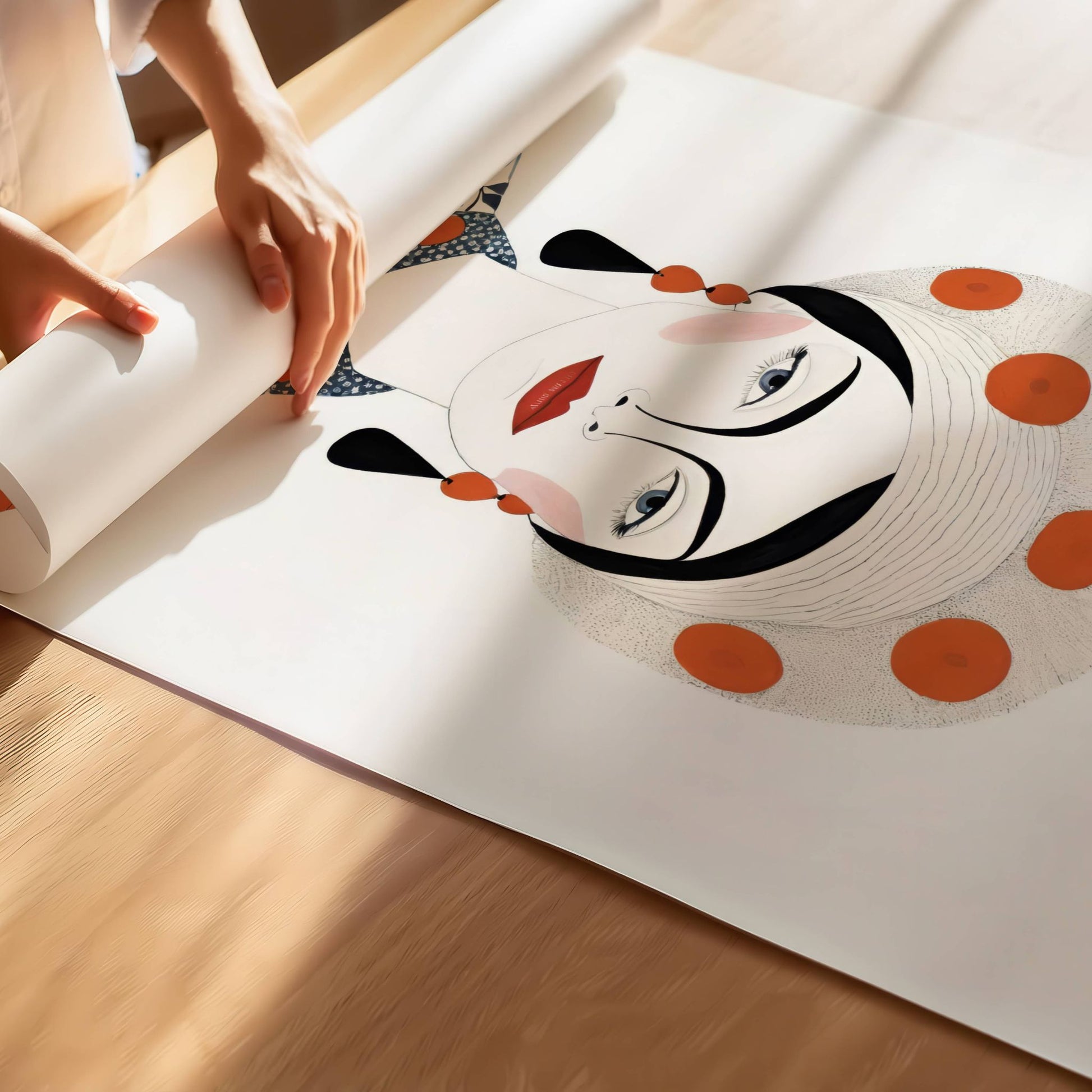 Denne eksklusive plakaten presenterer en elegant kvinne med en iøynefallende hodepryd, dristige kontraster og delikate mønstre i dype oransje og blåtoner. Illustrasjon viser plakat på print.