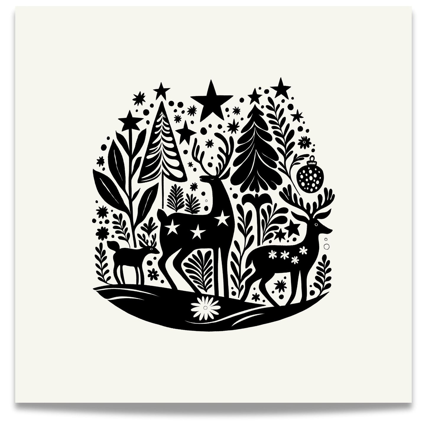 Denne plakaten er preget av et elegant motiv med reinsdyr i skandinavisk design, som fremhever vinterens ro og naturens skjønnhet. 