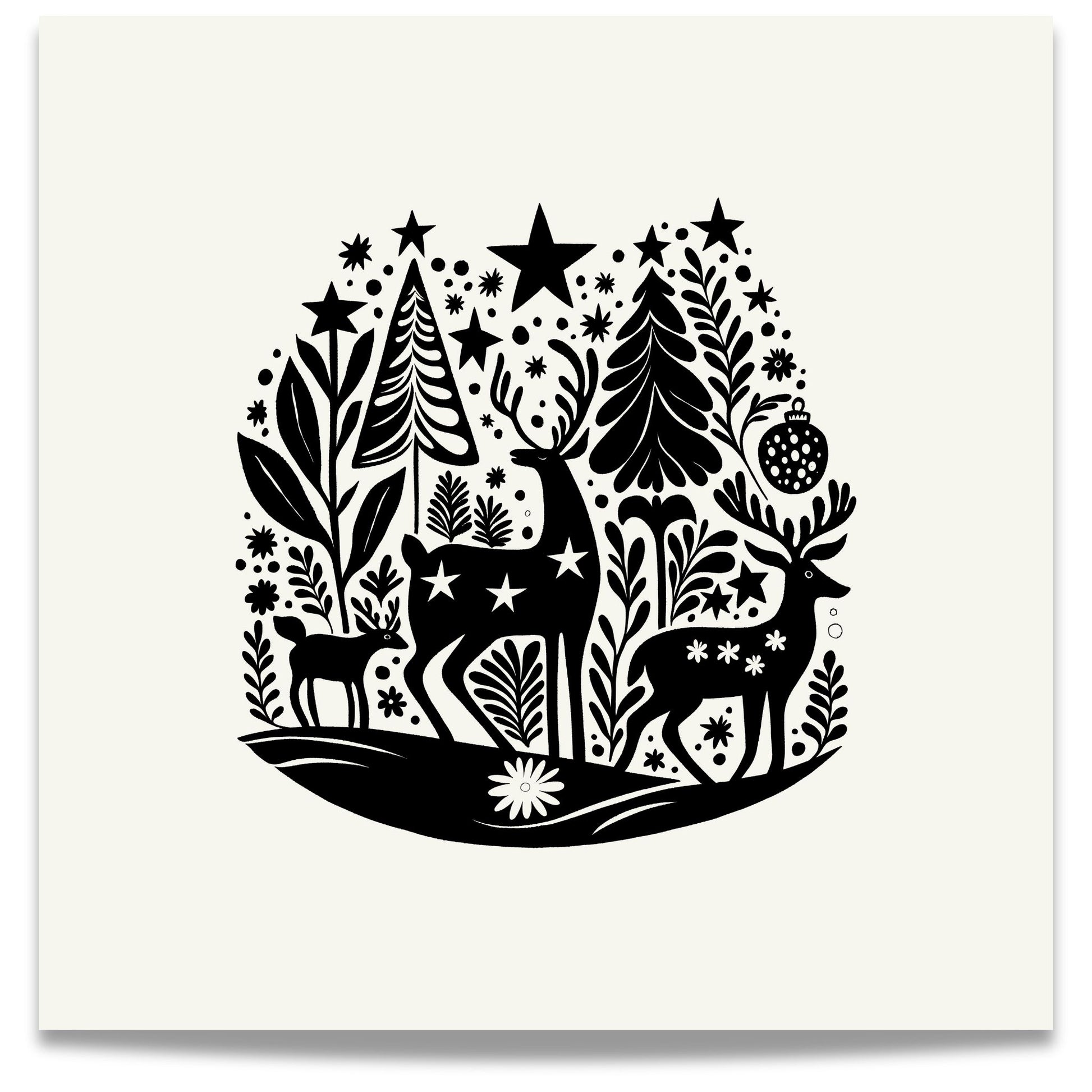 Denne plakaten er preget av et elegant motiv med reinsdyr i skandinavisk design, som fremhever vinterens ro og naturens skjønnhet. 