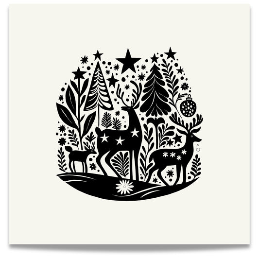 Denne plakaten er preget av et elegant motiv med reinsdyr i skandinavisk design, som fremhever vinterens ro og naturens skjønnhet. 