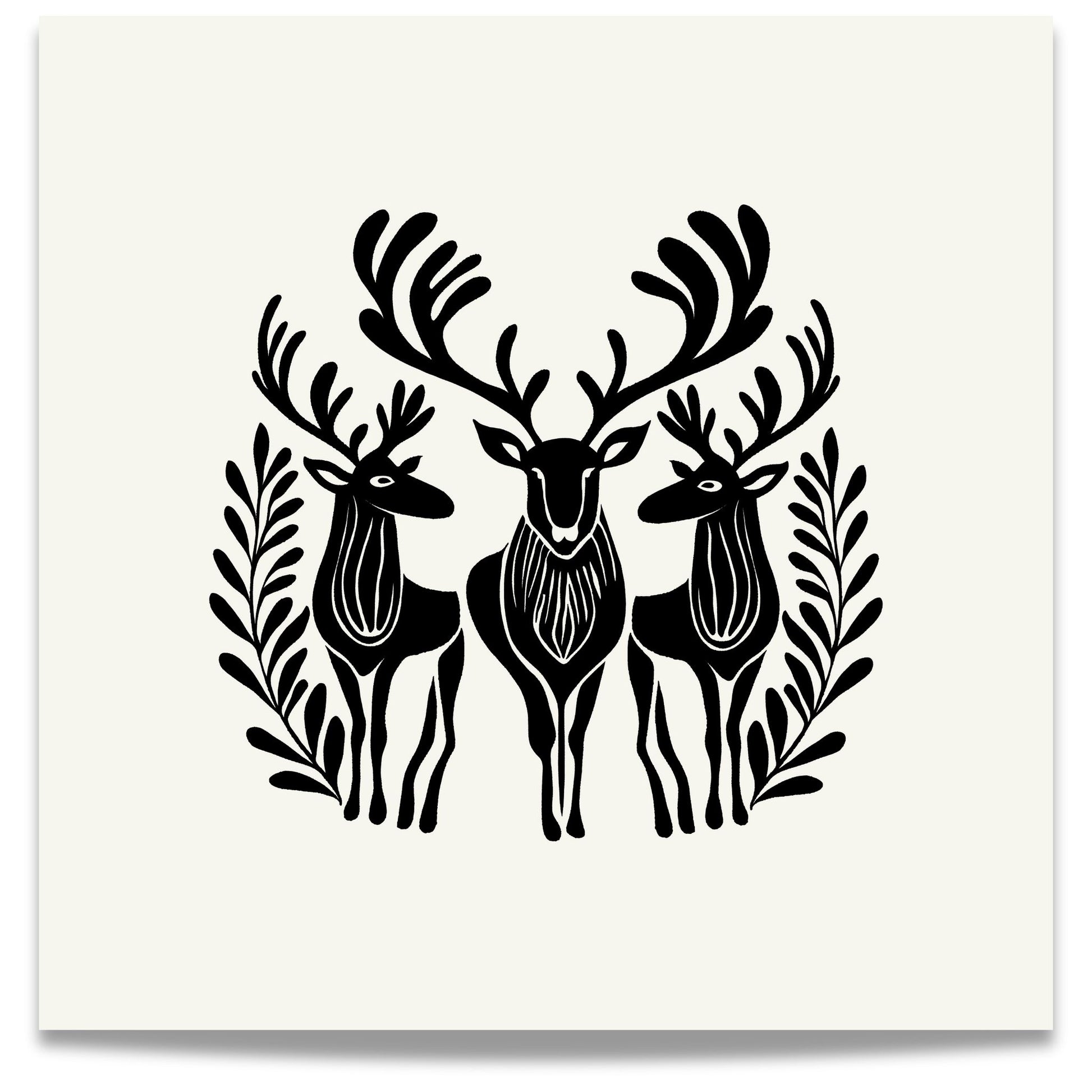 Denne plakaten er preget av et elegant motiv med reinsdyr i skandinavisk design, som fremhever vinterens ro og naturens skjønnhet. 