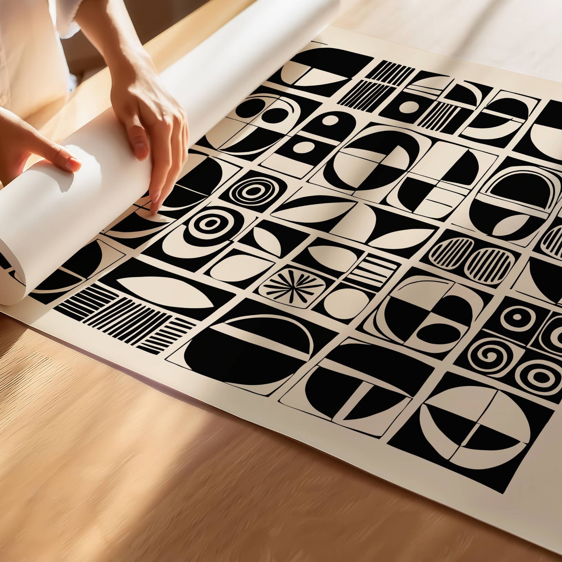 Retro Forms er en moderne hyllest til mid-century design, med et mønster av halvsirkler, striper og sirkler i svart og kremfarget palett. Illustrasjon viser motiv med smal kant på print.