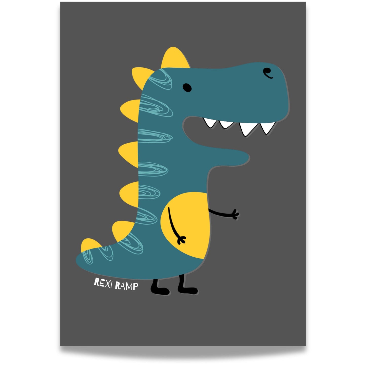 Rampete T-rex med gule detaljer på mørk bakgrunn.