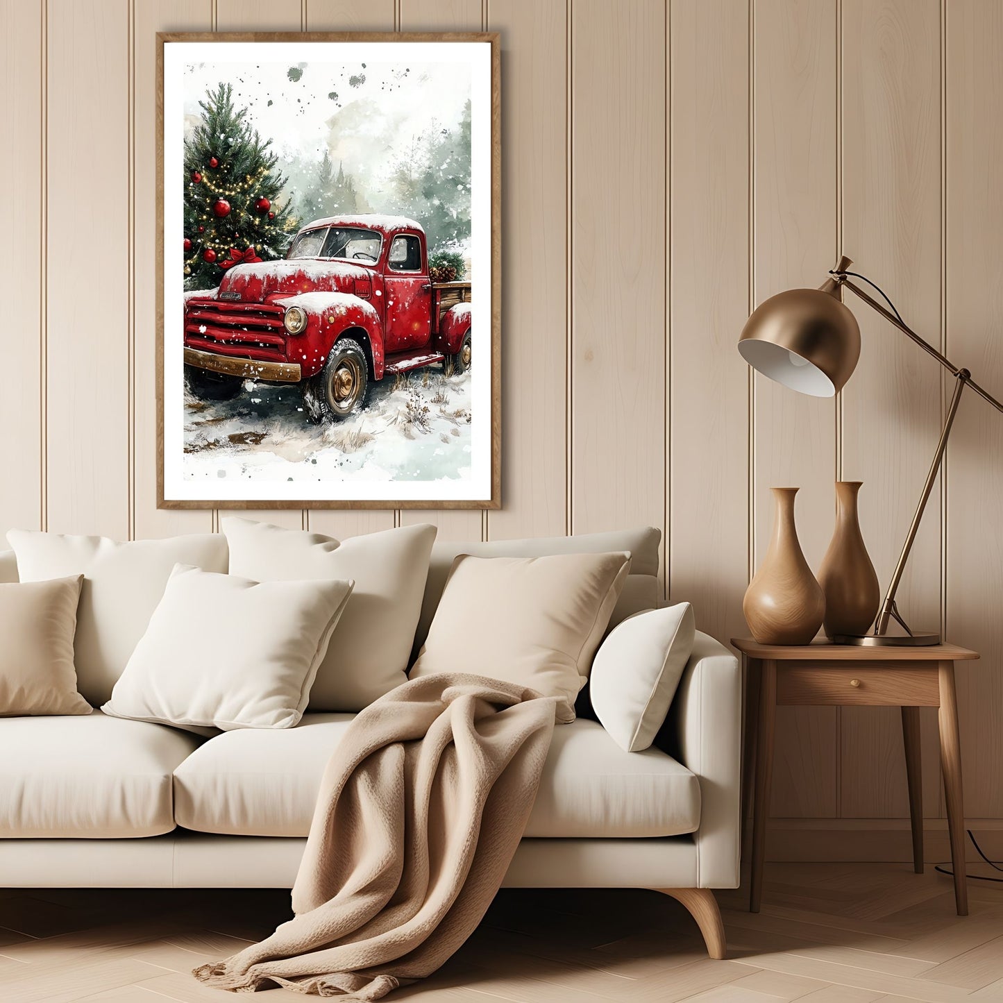 Et herlig motiv av en rød juletruck som kombinerer retrostil og festlig atmosfære for hjemmet ditt i julen. Illustrasjon viser motivet som plakat med hvit kant i lys ramme