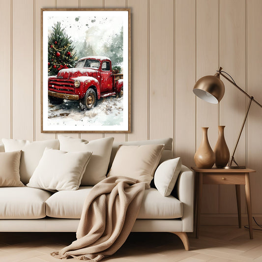 Et herlig motiv av en rød juletruck som kombinerer retrostil og festlig atmosfære for hjemmet ditt i julen. Illustrasjon viser motivet som plakat med hvit kant i lys ramme